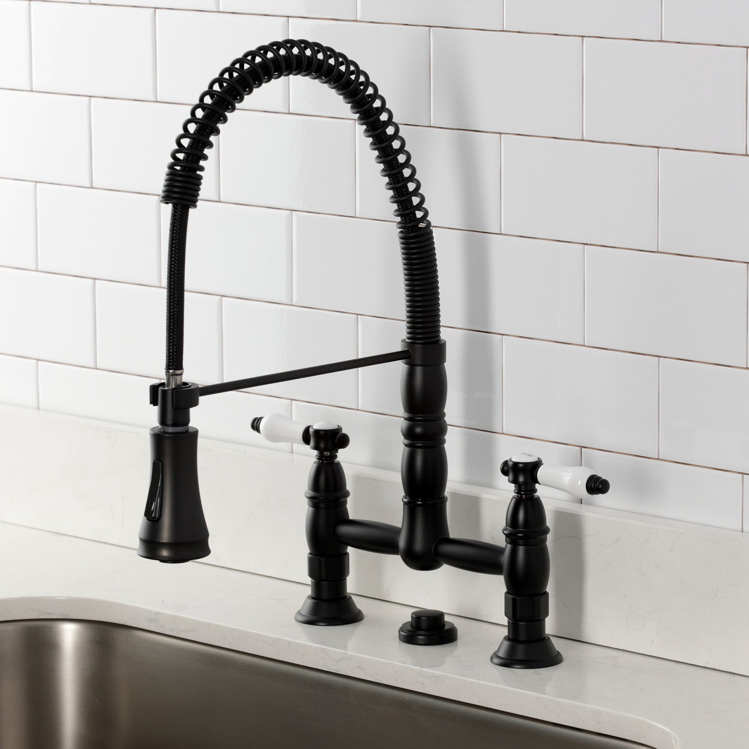 Bel Air GS1270BPL Matte Black Double Handle 2-Hole Deck Mount Pre-Rinse Bridge Kitchen Faucet - Perfect for Commercial & Home Kitchen Sinks, Restaurants, and Food Prep Areas