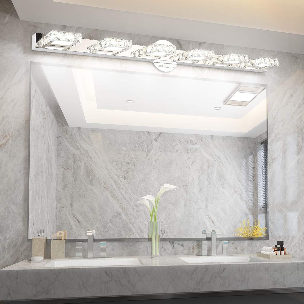 Aipsun 41 Inch Modern Crystal Vanity Lights - 6 LED Light Fixture for Bathroom Mirror, Dimmable Wall Sconce with Clear Glass Shades - Perfect for Makeup Vanity, Dressing Room & Spa Lighting