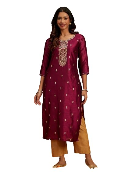 Women's 3/4 Sleeve Silk Blend Round Neck A-Line Kurti Top - Comfortable & Elegant Indian Tunic for Casual Wear, Office & Special Occasions
