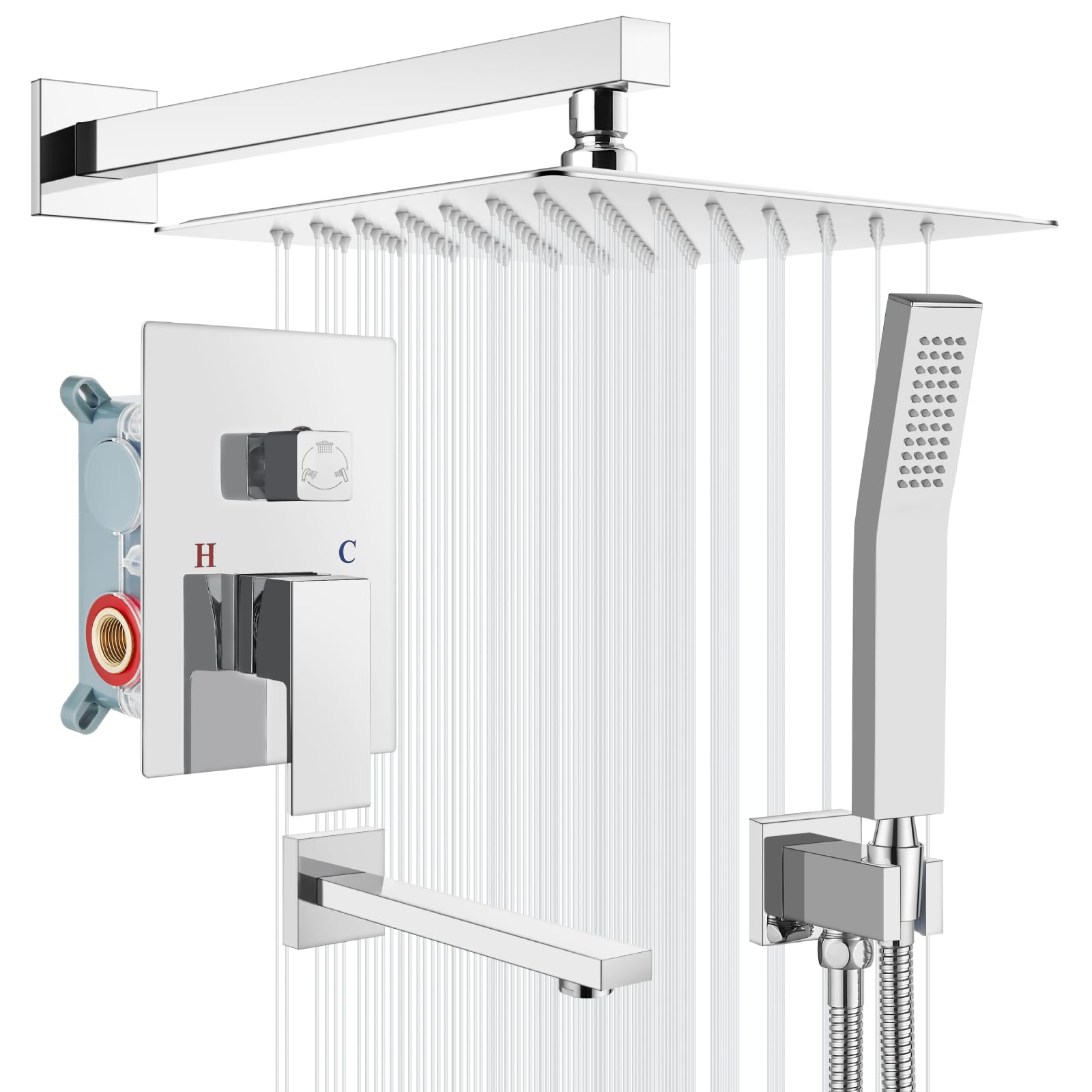 Gotonovo 3-Function Wall Mounted Shower System Set with Rainfall Shower Head, Handheld Spray, and Tub Spout - 12 Inch Polish Chrome Shower Faucet Combo with Rough-in Valve - Perfect for Bathroom Renovation and Modern Home Spa Experience