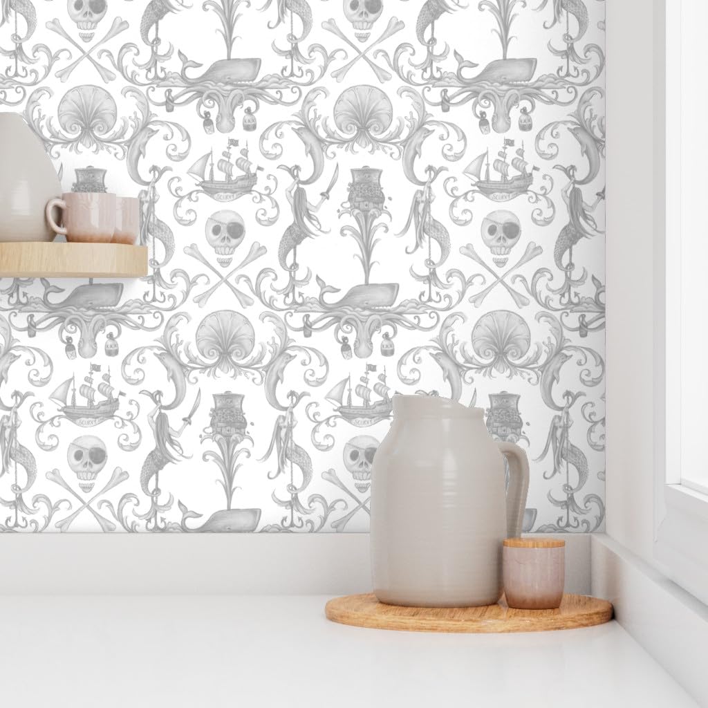 Peel & Stick Removable Wallpaper Swatch - Antique Gray Shell Octopus Nautical Mermaid Whale Pirate Nursery Decor | Self-Adhesive Wallpaper Samples by Spoonflower | Perfect for Kids' Rooms, Bathrooms & Home Accent Walls