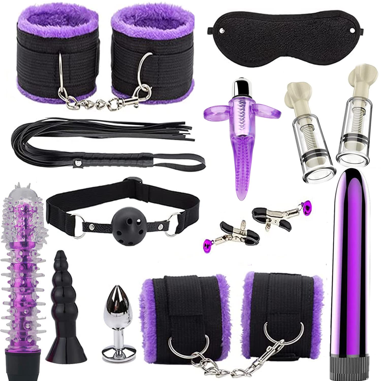 Premium Adjustable BDSM Restraint Kit for Couples - 14-Piece Purple Bondage Set with Handcuffs, Blindfold & Straps for Spicy Adult Play & Sensual Exploration - Perfect for Bedroom Games, Roleplay & Intimate Couples Bonding