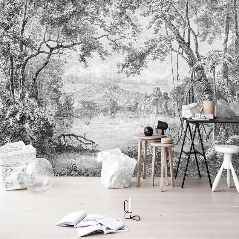 Whispering Shadows: Black and White Forest Wallpaper - Nature-Inspired Peel & Stick Wall Mural for Bedroom, Living Room, Office Decor | Waterproof Removable Wallpaper