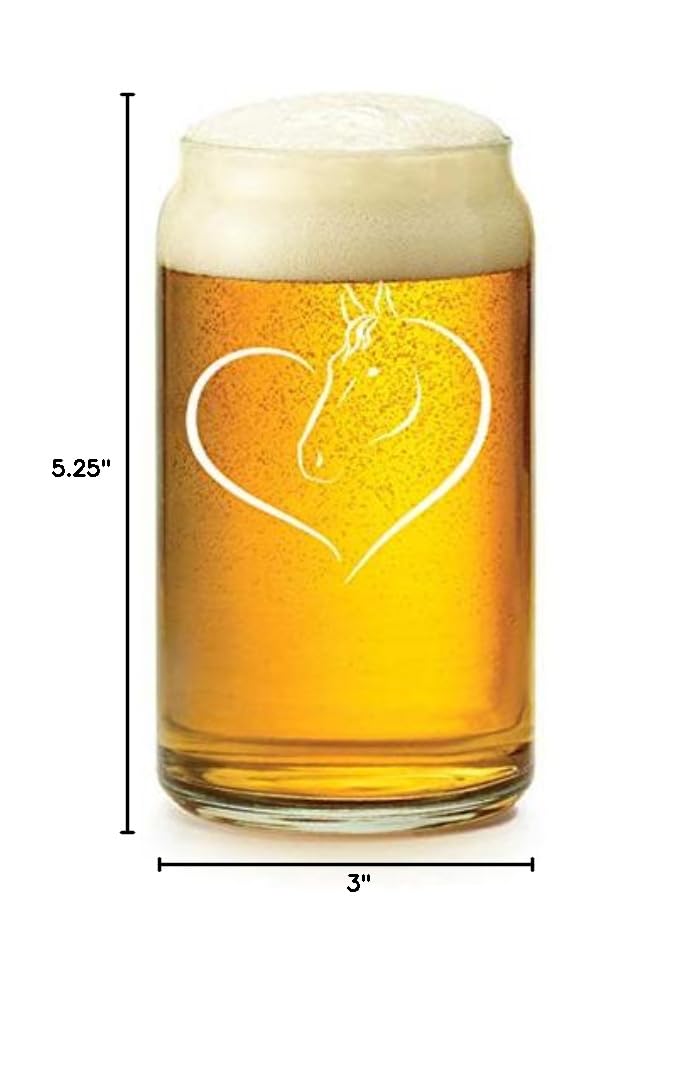 16 oz Beer Can Glass with Heart and Horse Design - Perfect for Beer Lovers, Home Bars, and Gifts for Men