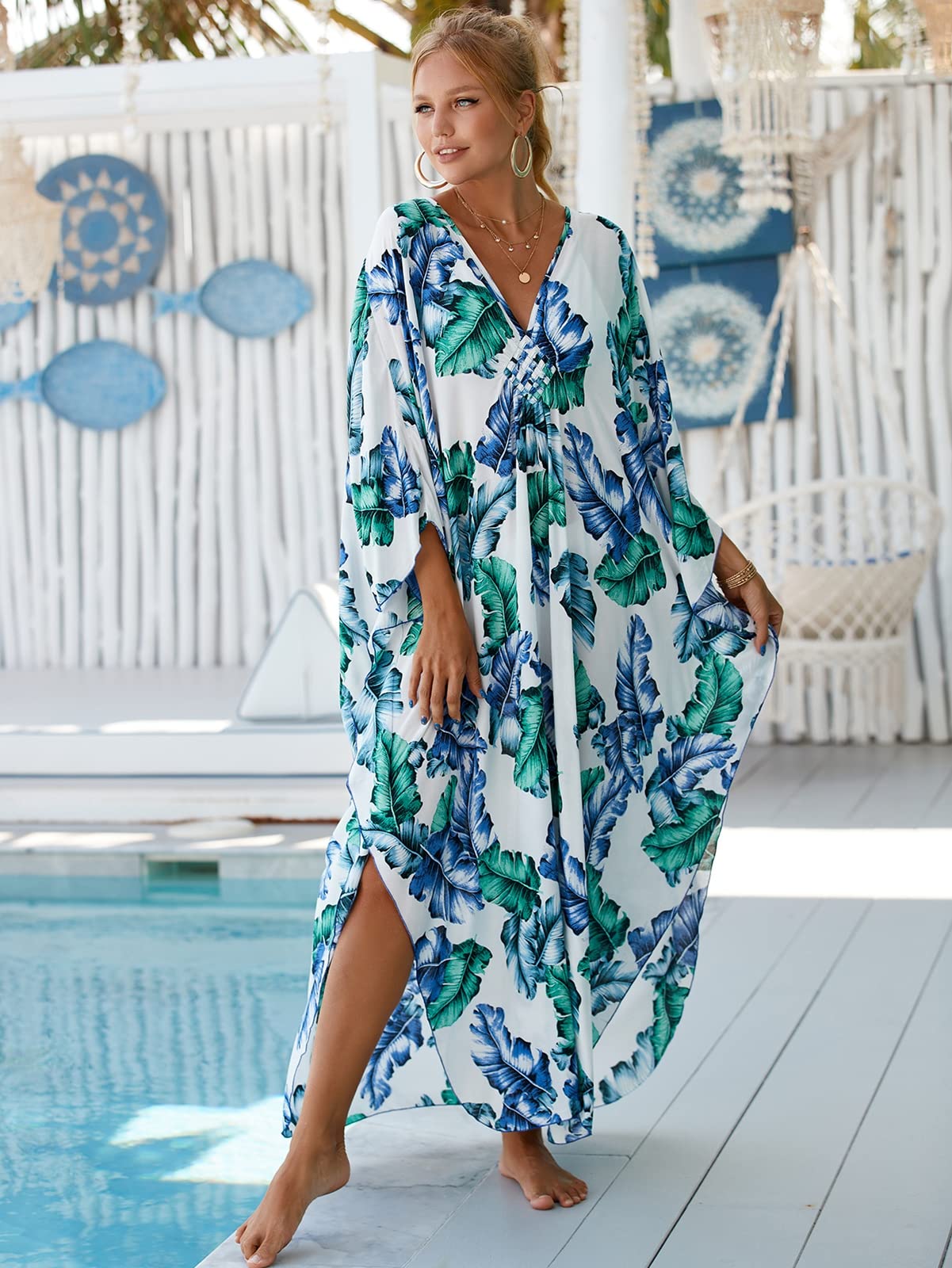 RanRui Women's Floral Kaftan Dresses - Plus Size Wave Neck Boho Muumuu Dress for Beach, Vacation & Summer Outfits