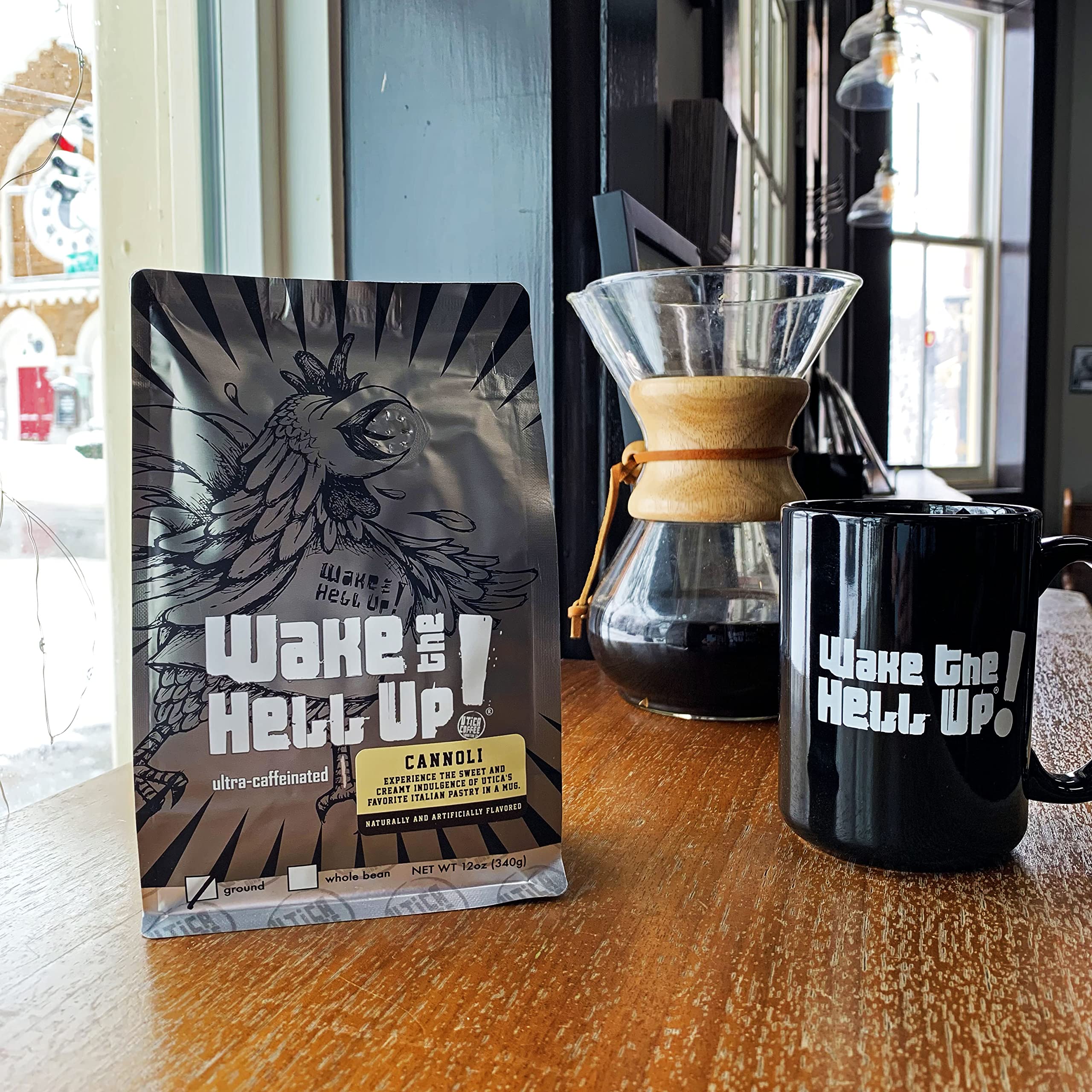 Wake The Hell Up! 12oz Ultra-Caffeinated Cannoli Ground Coffee - Low Acid, Medium-Dark Roast | Perfect for Mornings, Office Boost & Late-Night Study Sessions