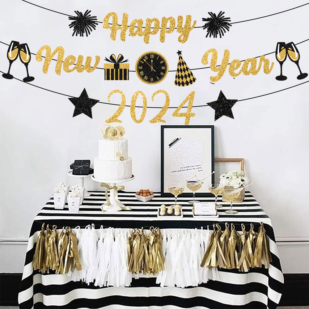 2025 Gold & Black Glitter Happy New Year Banner - New Year's Eve Party Decorations & Sign for NYE Celebrations | Perfect for Home, Office & Holiday Party Decor
