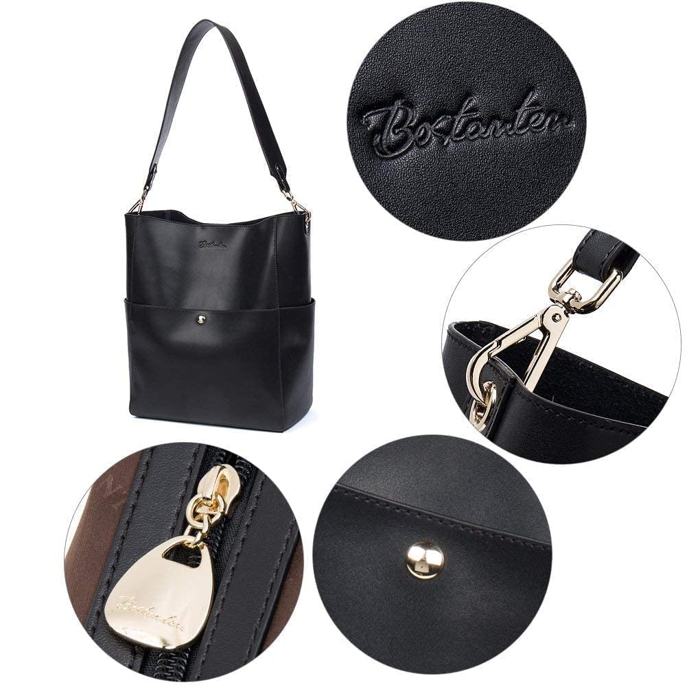 BOSTANTEN Women's Leather Designer Handbag - Stylish Tote Shoulder Bucket Bag with RFID Blocking Wallet Set (Black Bag & Grey Bifold Wallet) - Perfect for Work, Travel and Everyday Use