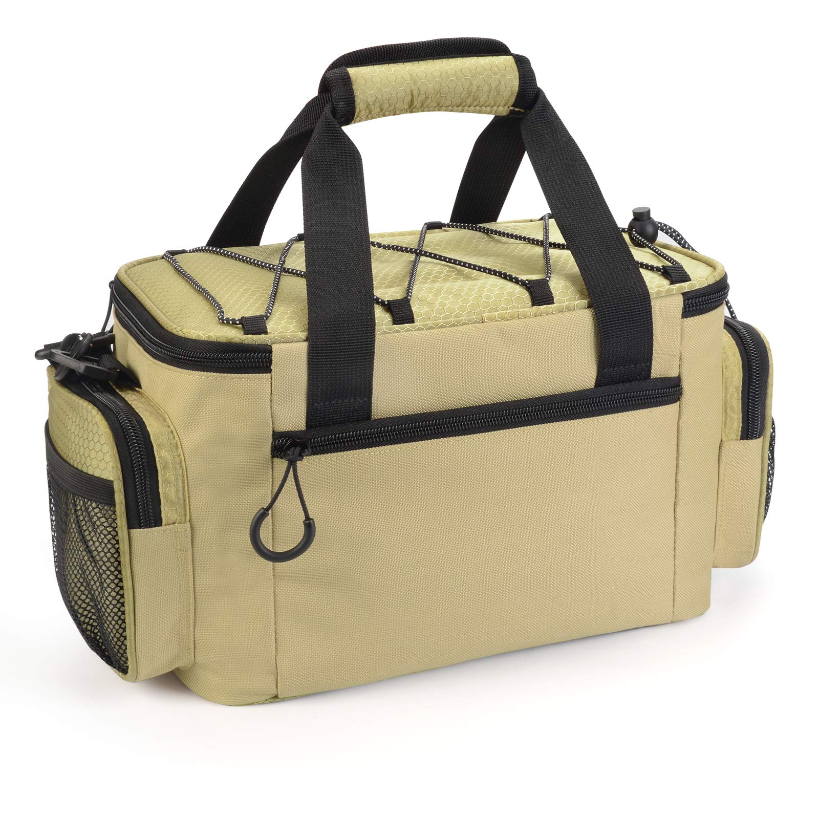 **Calamus Fishing Tackle Bag - Durable Rip-Stop PE Saltwater & Freshwater Fishing Gear - Padded Shoulder Strap & Pliers Storage - Khaki - Perfect for Shore, Boat, and Kayak Fishing**