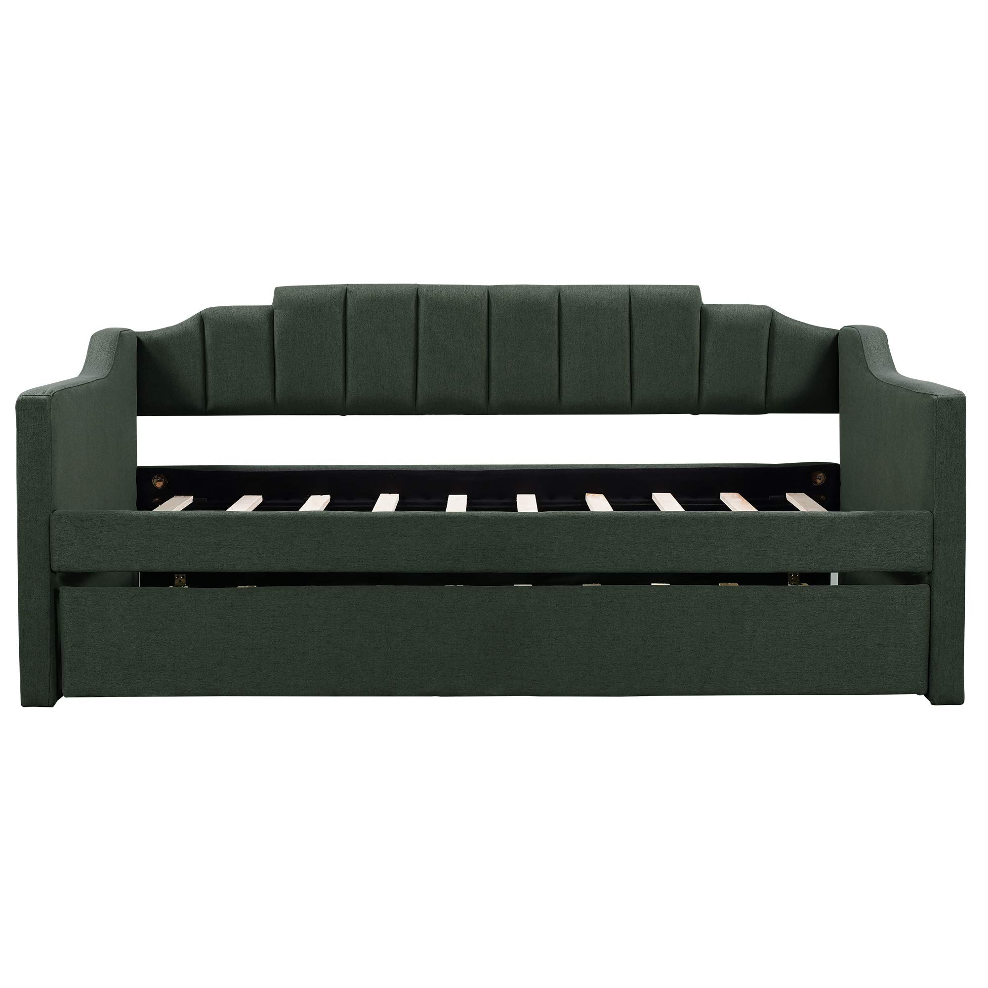 Upholstered Twin Size Daybed with Trundle - Convertible Sofa Bed for Bedroom & Living Room - Wood Slat Support (No Box Spring Needed) - Green - Perfect for Guest Rooms, Small Spaces & Multi-Functional Furniture Needs
