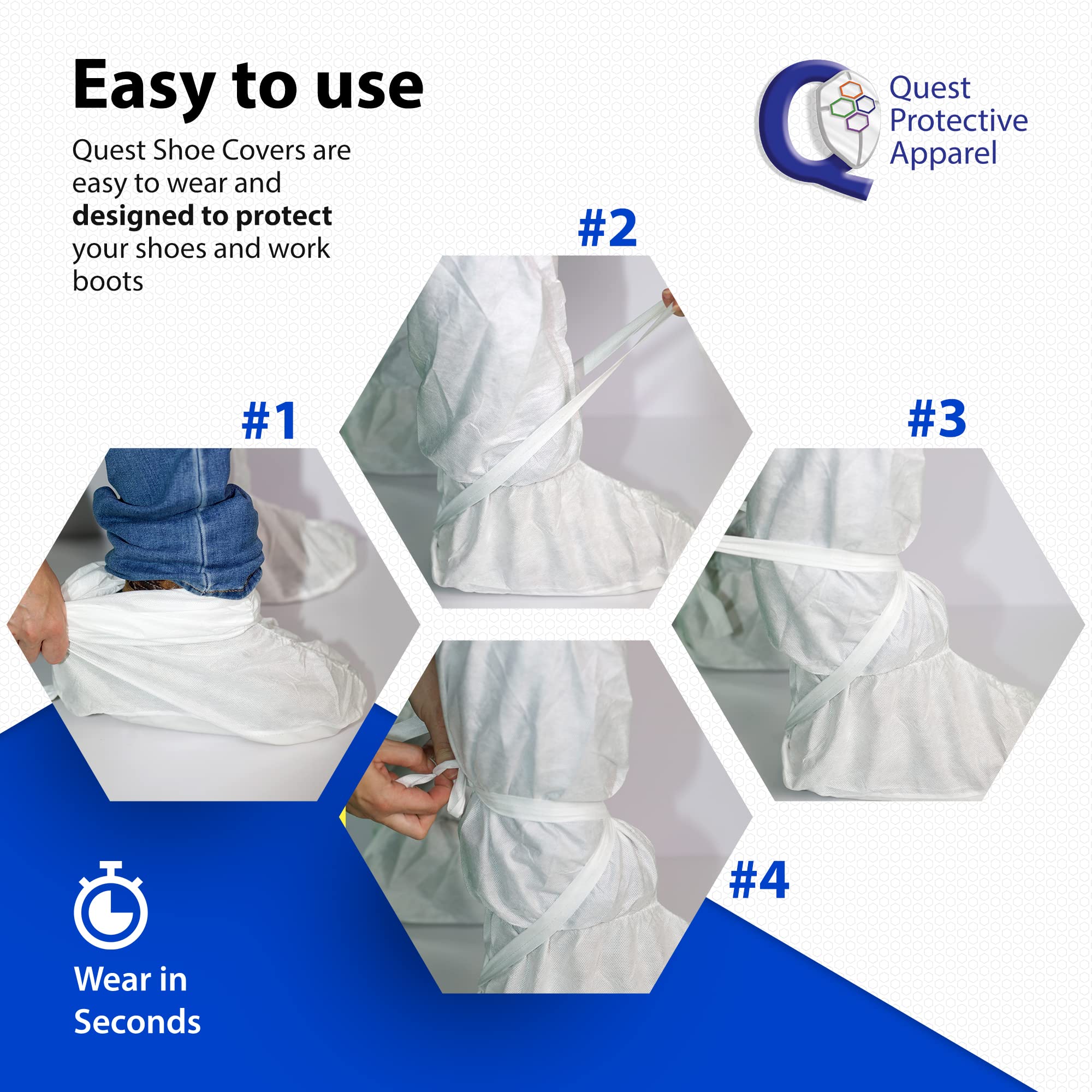 **Quest Disposable Shoe Covers - Non-Slip Indoor Boot Covers for Shoes & Boots with Secure Straps - Large Pack of 25 Pairs - Ideal for Hospitals, Clean Rooms & Home Use**