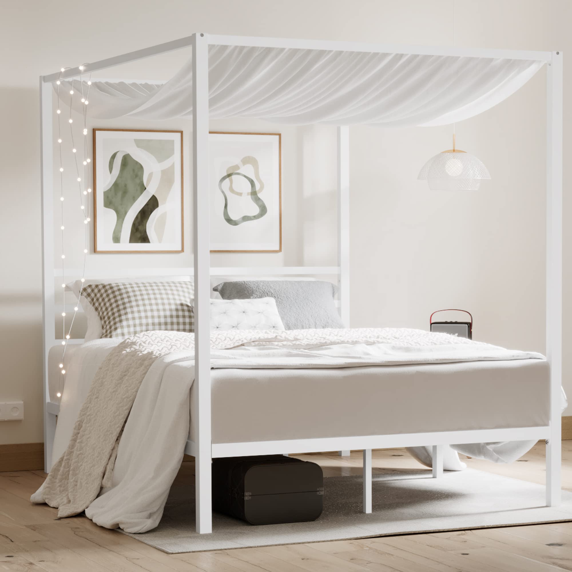 Full Size Metal Canopy Bed Frame with Storage - White for Modern Bedrooms