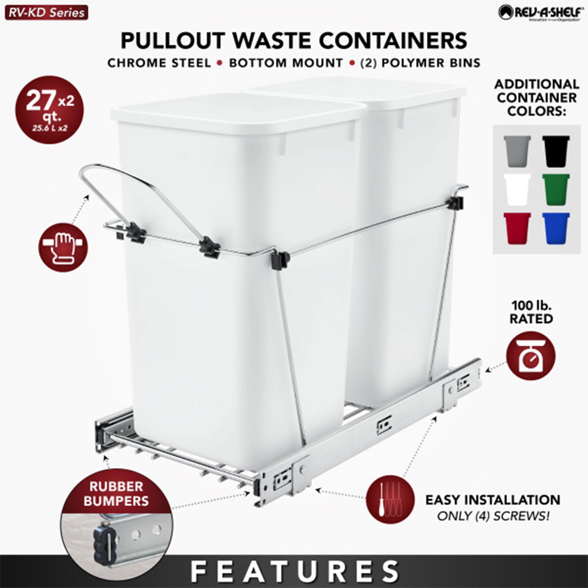 Rev-A-Shelf 27 Qt Under Cabinet Pull Out Trash Can - White Kitchen Waste Recycling Bin with Full Extension Slides (Model RV-15KD-11C) - Perfect for Small Kitchens, RVs & Space-Saving Storage Solutions
