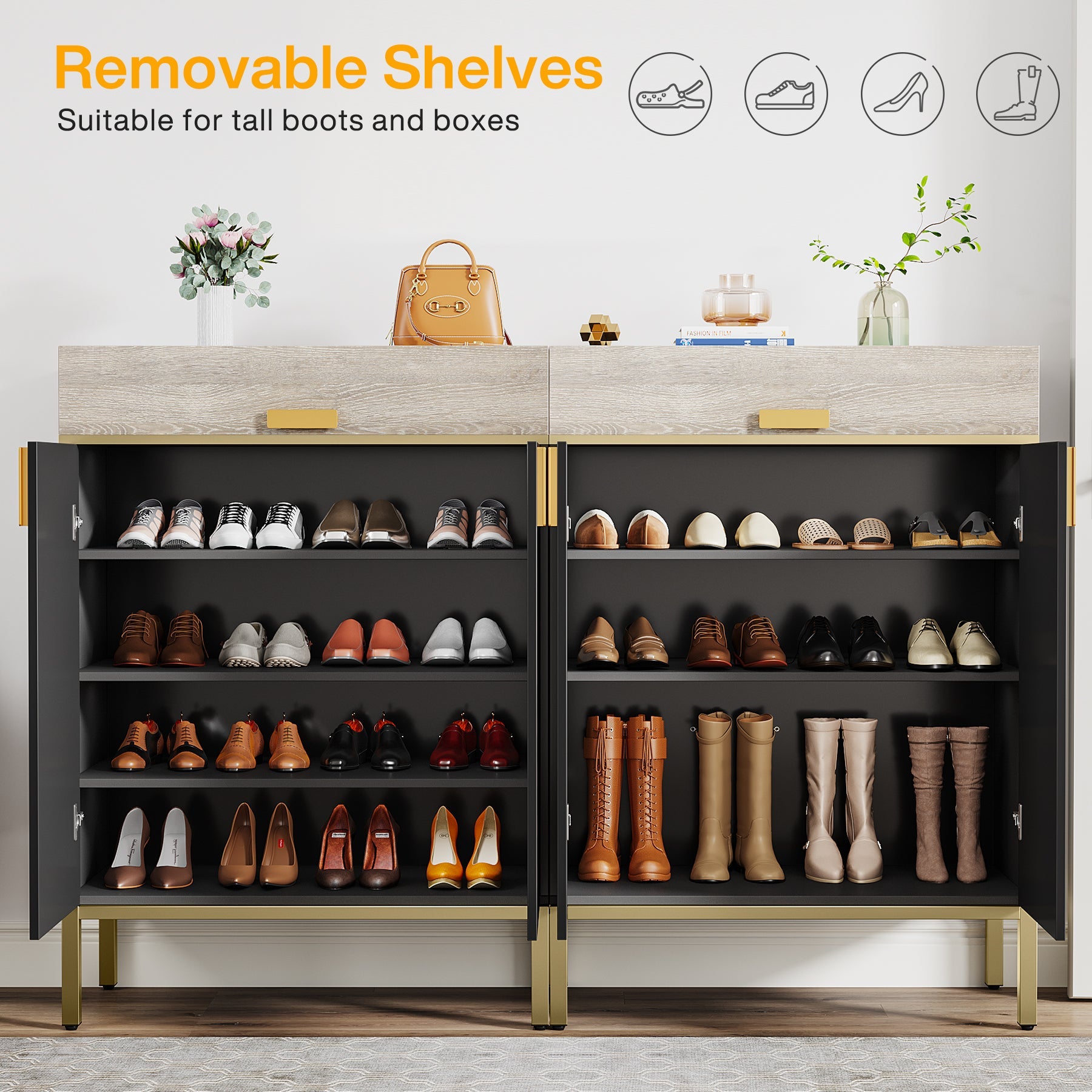 4 Tier Shoe Cabinet Organizer - Modern Shoe Rack Storage with Drawers for Entryway, Closet & Bedroom - Space Saving Shoe Shelf for Sneakers, Boots & Heels