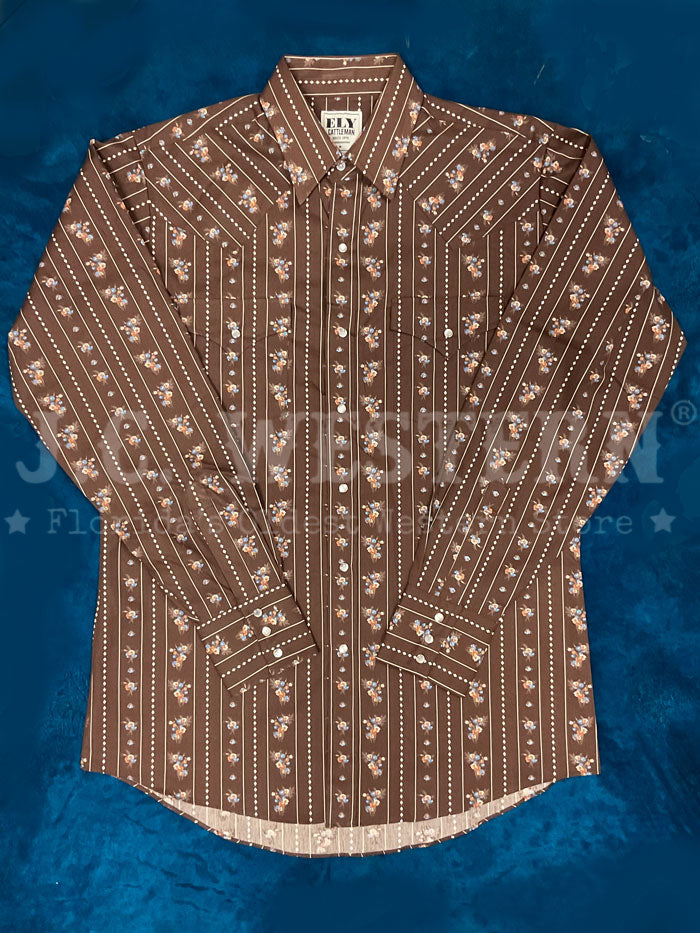 Ely Cattleman 2027095 BN Men's Long Sleeve Snap Button Western Shirt in Brown - Perfect for Rodeo, Ranch Work & Casual Cowboy Style