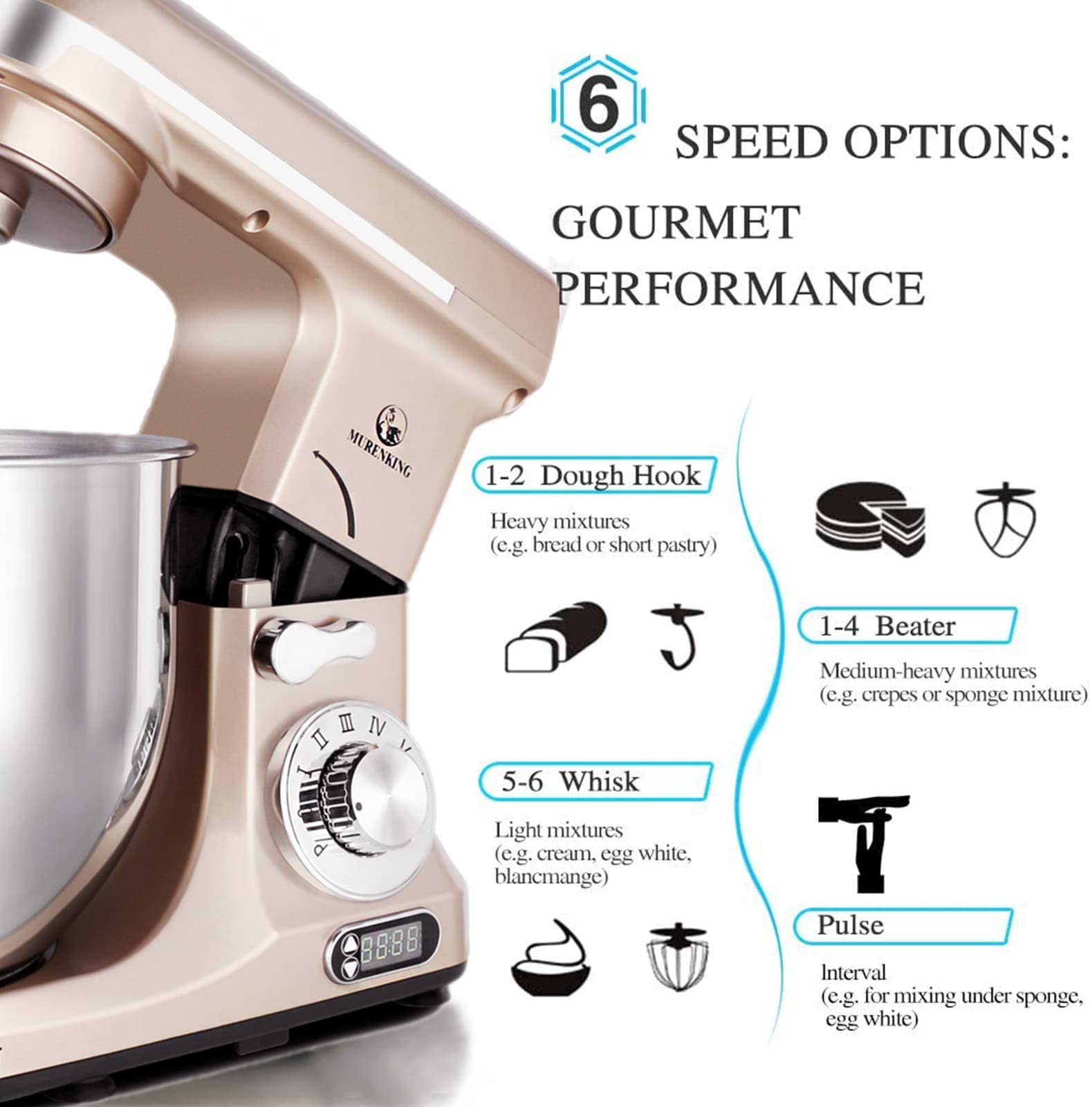 Professional 6-Qt Stand Mixer with Timer - 500W 6-Speed Tilt-Head Electric Kitchen Mixer, MK37 Model (Champagne) - Perfect for Baking, Dough Kneading & Cake Decorating