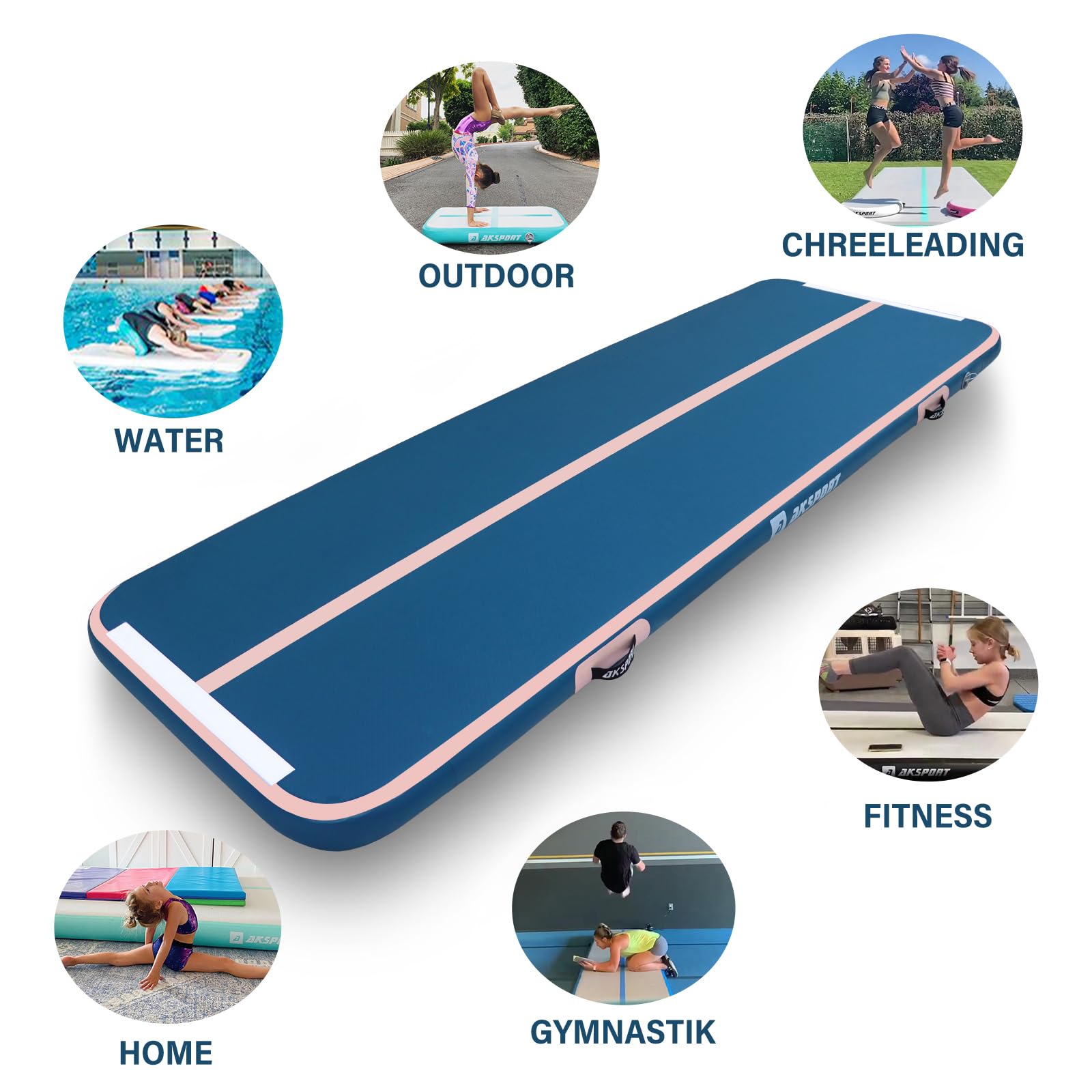 AKSPORT Inflatable Gymnastics Air Mat - Portable Tumble Track & Tumbling Floor Mat with Air Pump for Home Gym, Cheerleading, Parkour Training | Perfect for Indoor Practice, Beach, Park & Water Activities