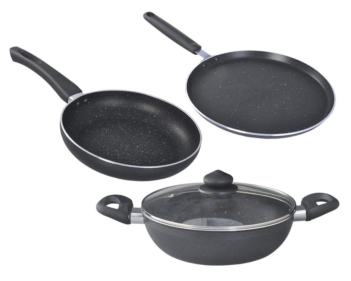 MARIYA Prestige Omega Deluxe Granite 3-Piece Cookware Set with Tempered Glass Lid - Nonstick Kitchen Pots and Pans for Sauteing, Boiling & Frying - Perfect for Gas, Electric & Induction Stovetops