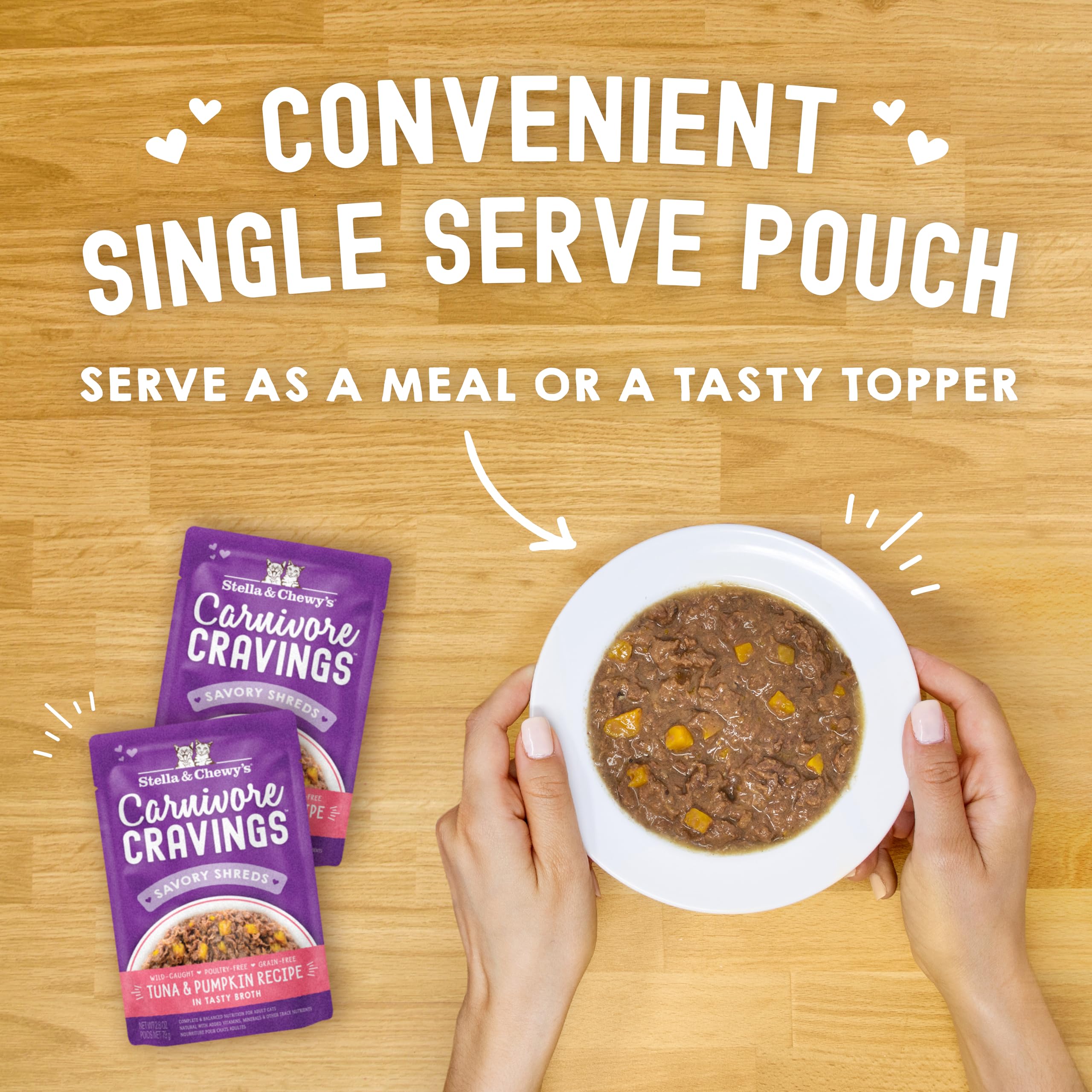 Stella & Chewy's Carnivore Cravings Savory Shreds Grain-Free Wet Cat Food - High Protein Tuna & Pumpkin Recipe (2.8oz Pouches, Pack of 12) - Perfect as Meal, Topper or Treat for Indoor & Outdoor Cats