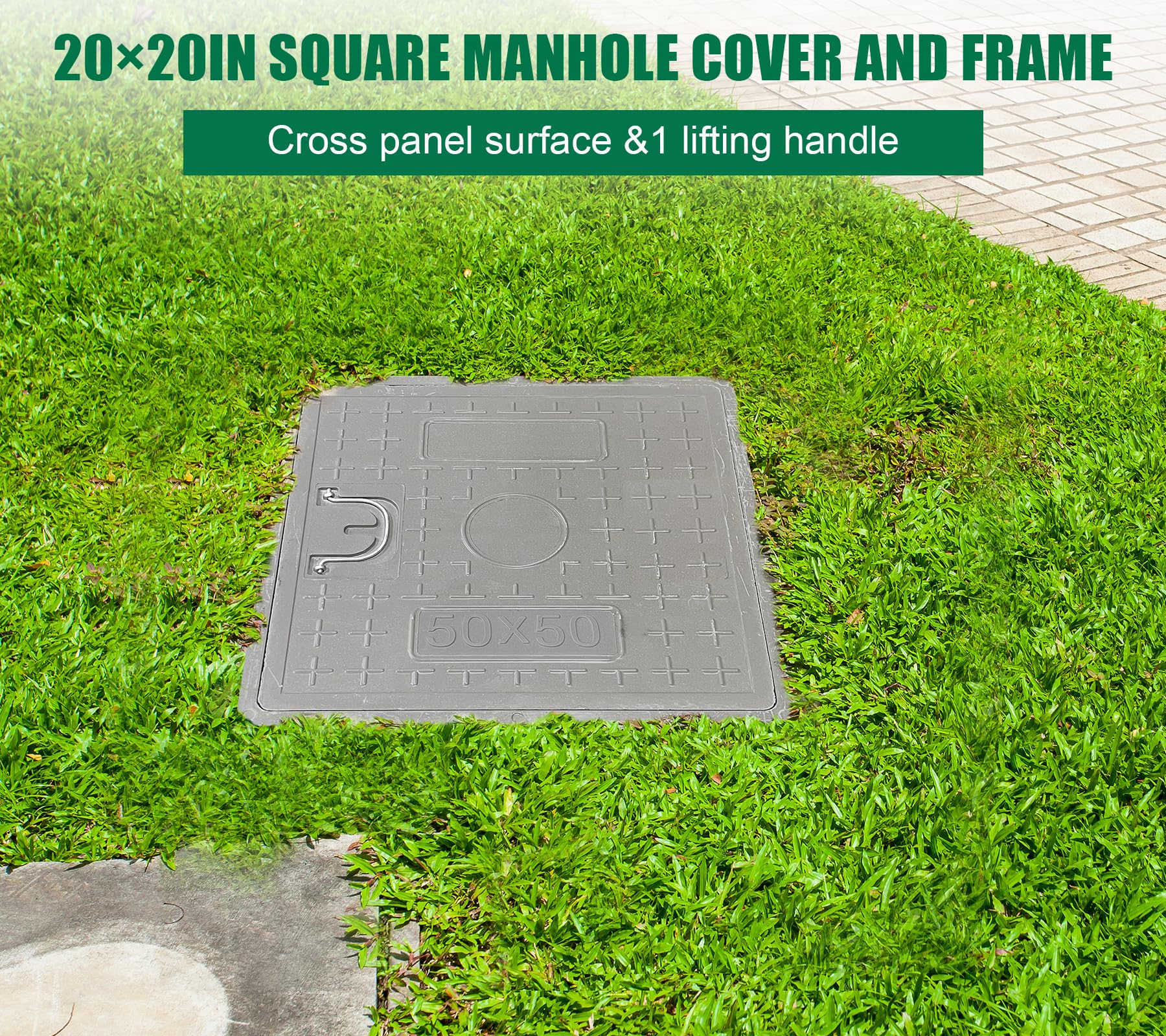 16x16 Inch Square Fiberglass Sewer Cover with Steel Reinforcement - 14x14in Clear Opening, Non-Slip Flat Manhole Lid with Handle - Durable 20x20in Sewage Basin Cover for Storm Drains, Parking Lots & Utility Access