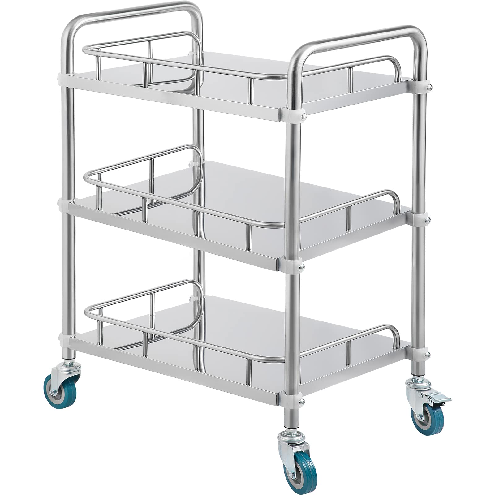 VEVOR 3-Tier Stainless Steel Utility Cart with Wheels - Heavy Duty Rolling Cart for Commercial Kitchen, Restaurant, Medical, Dental & Lab Use - Mobile Serving Cart for Catering, Dining & Hospital Services