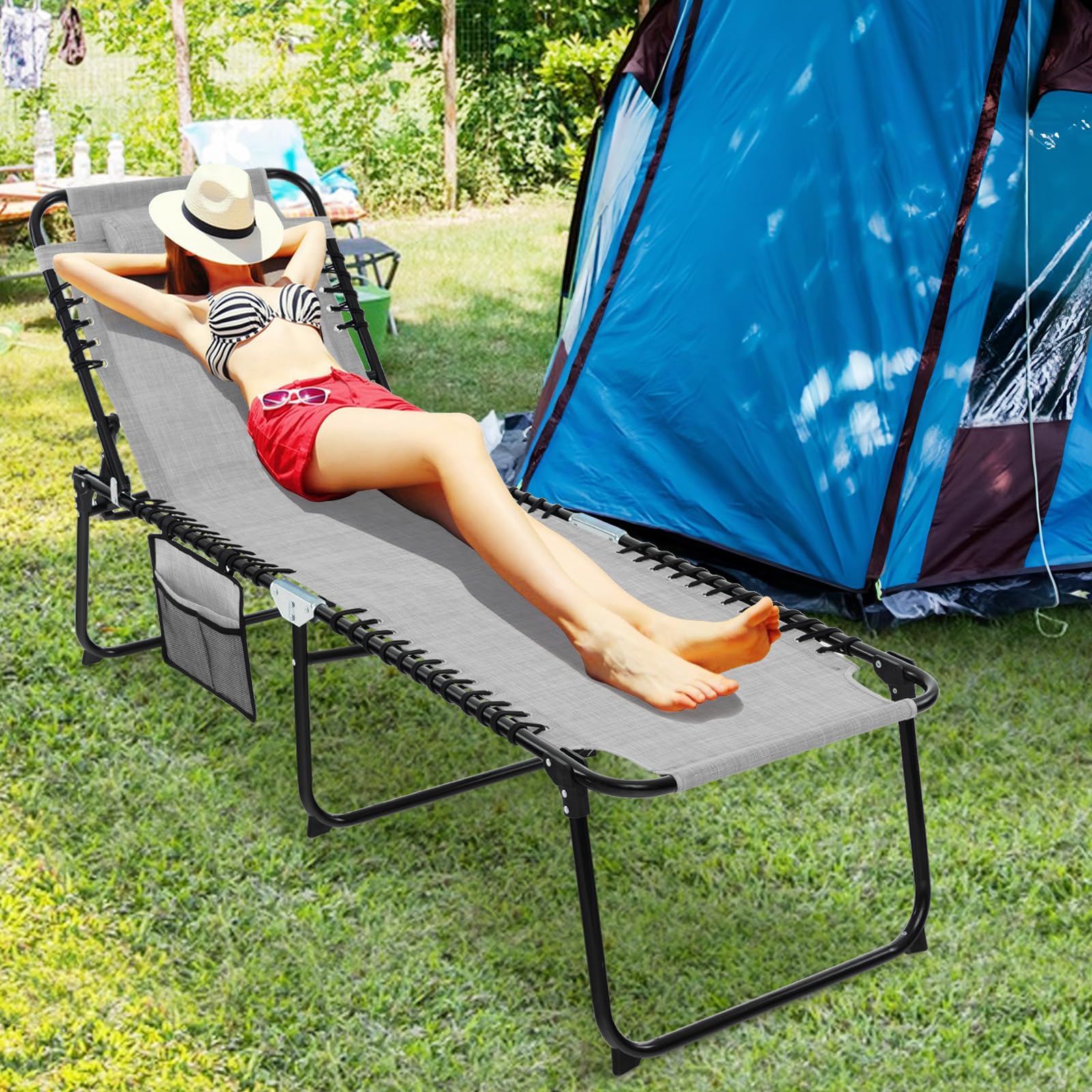 Giantex Folding Patio Lounge Chair with Headrest - 4 Adjustable Positions & Side Pocket - Outdoor Tanning Chaise Lounge for Camping, Pool, Beach, Backyard - Comfortable Sunbathing Chair for Relaxation (Grey)