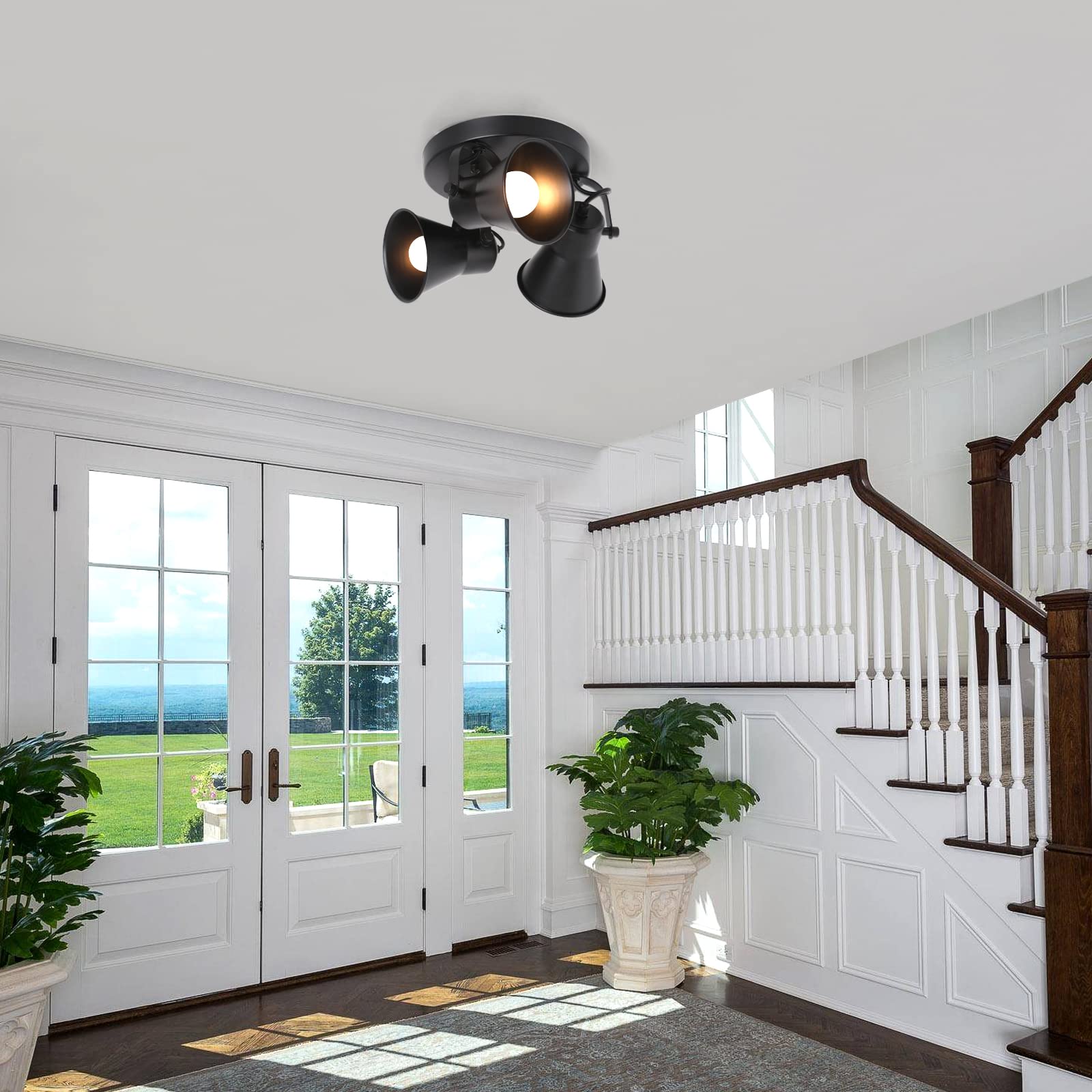 SEEBLEN 3-Light Adjustable Black Industrial Track Lighting - Modern Round Flush Mount Ceiling Light for Kitchen, Dining Room, Bathroom, Hallway & Coffee Bar - Perfect for Task Lighting and Ambient Illumination