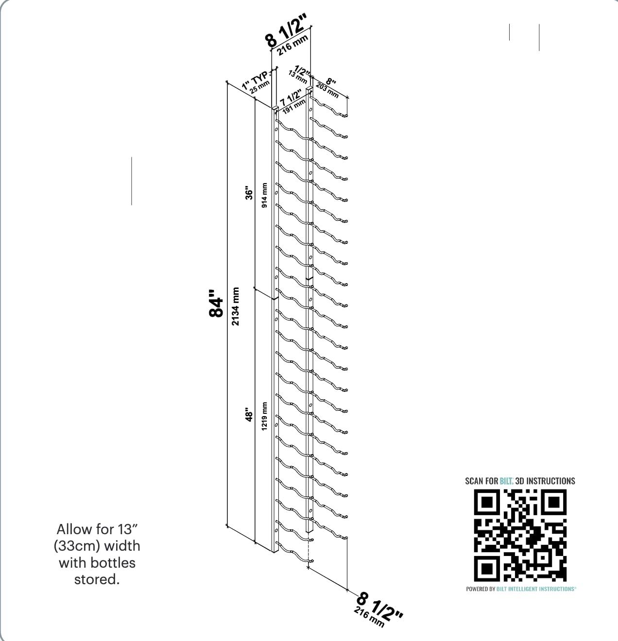 W Series Pro Wine Rack 7 - Single Stack Metal Wall Mounted Wine Storage (42 Bottle Capacity) - Brushed Nickel Modern Space Saving Design for Kitchen, Dining Room or Wine Cellar Organization