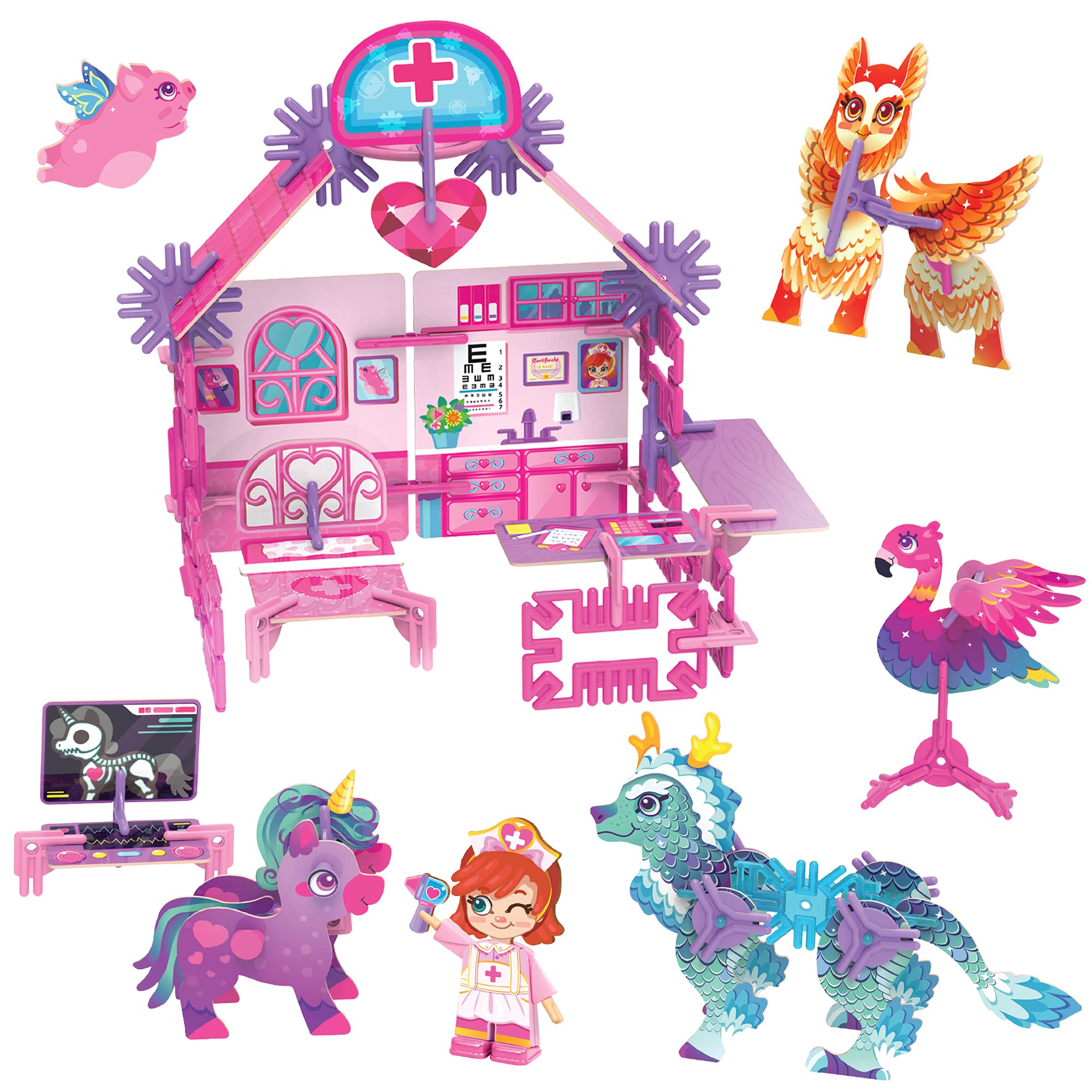 Vet Care Center | DIY Magical Creatures Hospital Play Set - STEM Educational 3D Puzzle Toy for Kids Ages 6+ | Perfect for Creative Play, Birthday Gifts & STEM Learning Activities