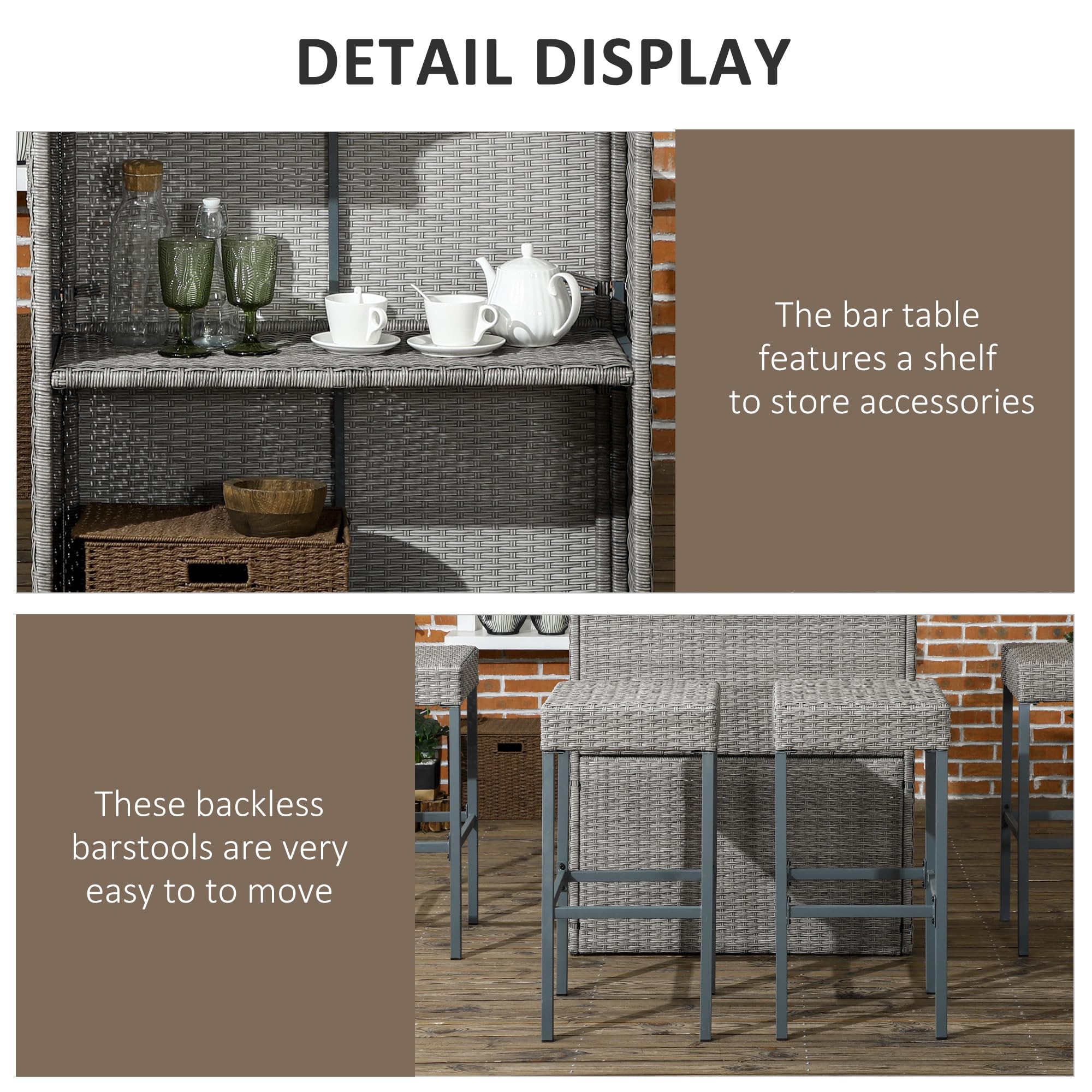Outsunny 5-Piece Rattan Wicker Bar Set - High Top Outdoor Table & 4 Chairs with Glass Table Top & 2-Tier Storage Shelf - Patio Dining Set for Garden, Poolside, Backyard, Restaurant, Cafe (Gray)
