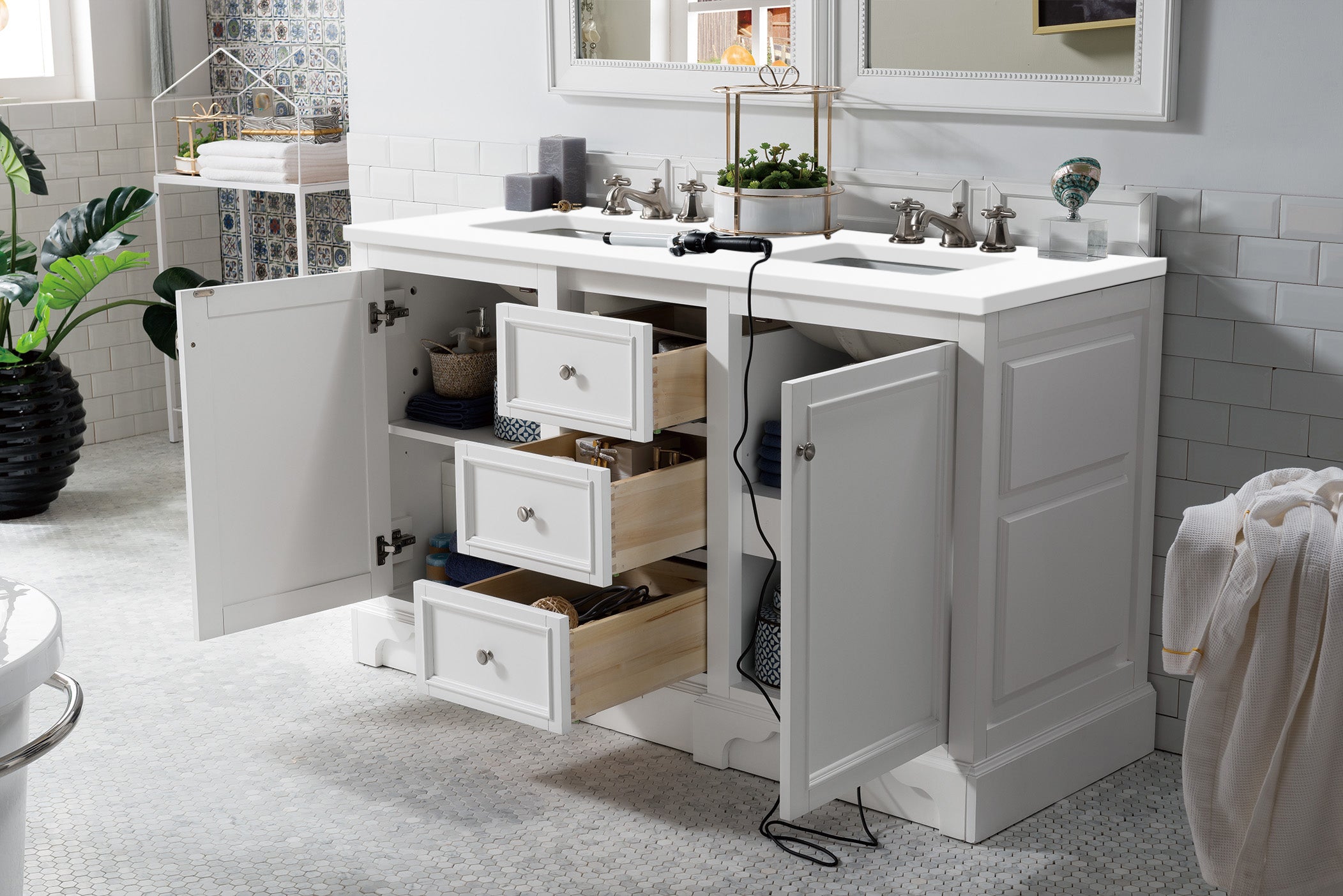 De Soto 60 Inch Double Vanity with 3CM Classic White Quartz Top - Bright White Bathroom Vanity for Modern & Traditional Homes, Perfect for Master Bathrooms & Guest Suites