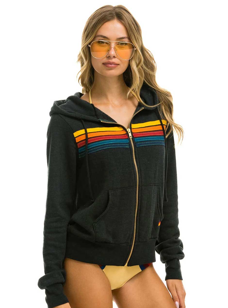 Aviator Nation Women's 5 Stripe Zip Hoodie - Charcoal Grey | Cozy Fleece Pullover for Casual Wear, Gym & Outdoor Activities