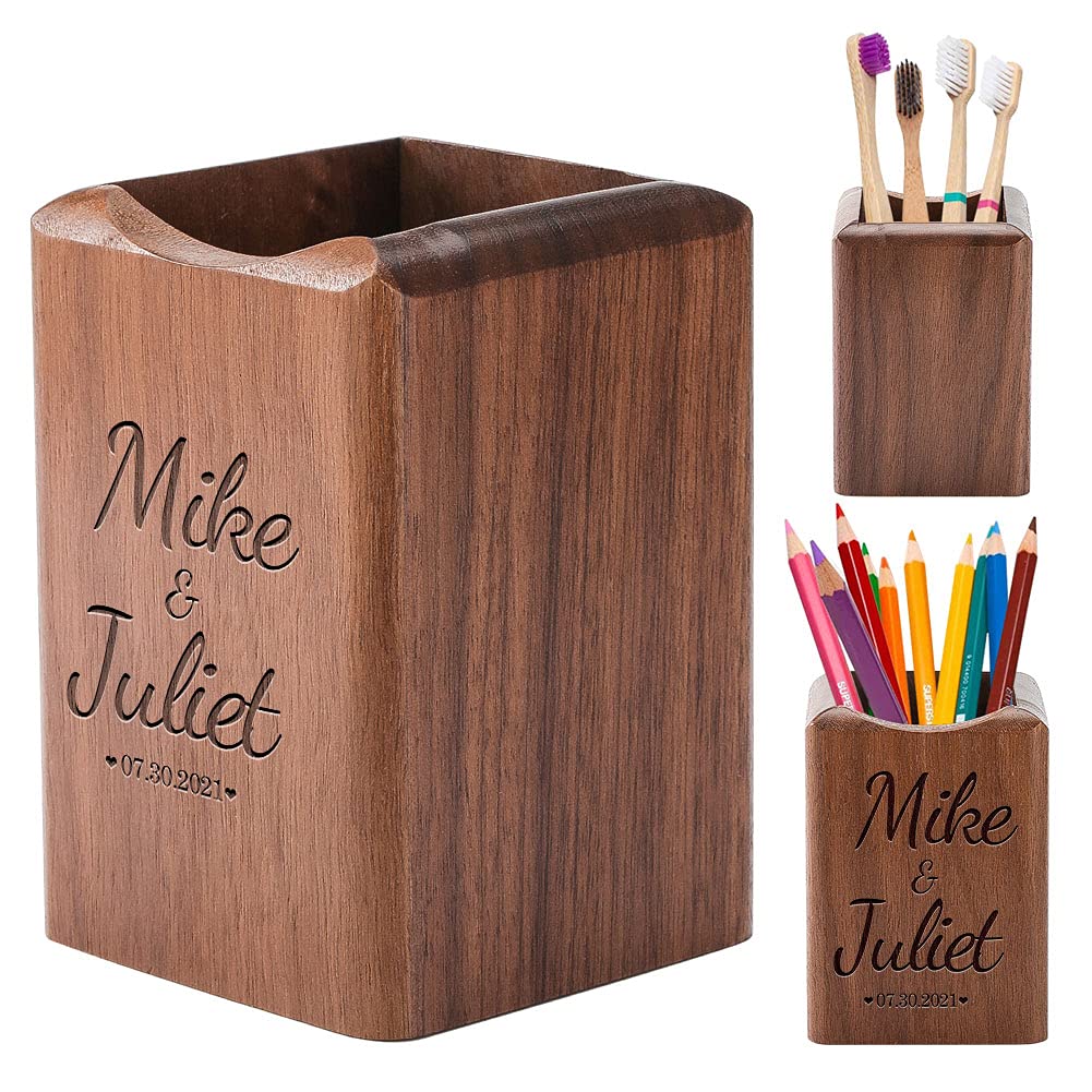 Custom Engraved Wooden Pen Holder with Personalized Name - Unique Desk Organizer Gift for Colleagues, Teachers & Students - Office, School & Classroom Stationery Storage | Perfect for Makeup Brushes Too - Ideal Workspace & Vanity Decor