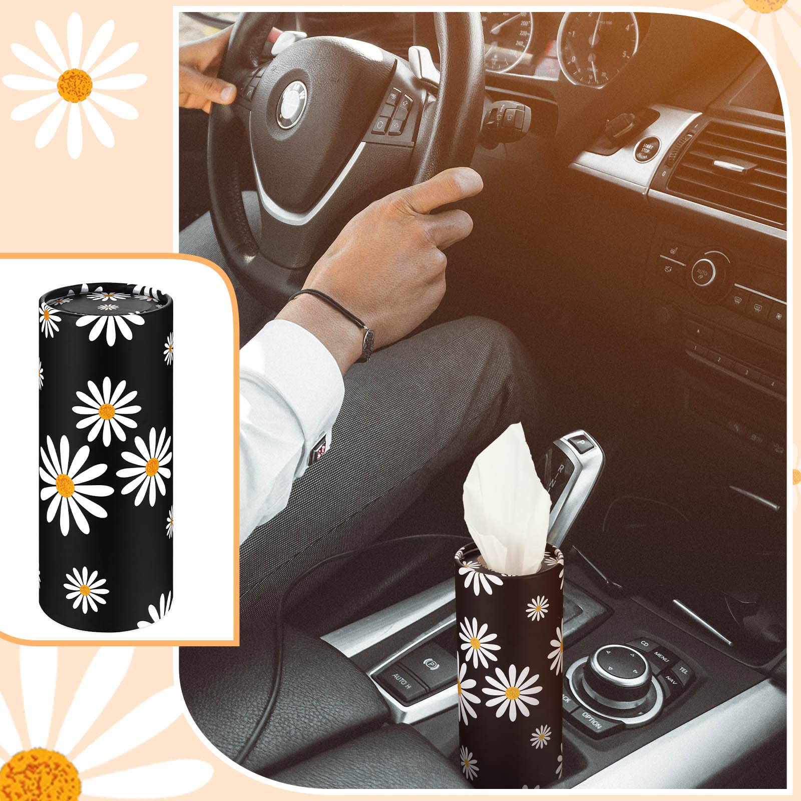 8 Pack Car Tissue Holder - Round Cylinder Box for Cup Holder, Bulk Facial Tissue Storage, Travel Organizer (Flower Design) | Perfect for Cars, Trucks, RVs & Road Trips