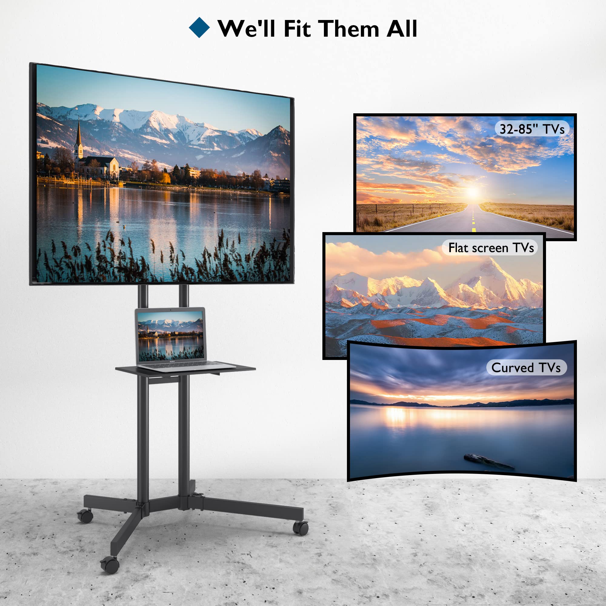 BONTEC Mobile TV Stand Cart with Locking Wheels - Adjustable Height TV Floor Stand for 32-85 Inch LED, LCD, OLED Flat & Curved Screens - Max VESA 600x400mm & 132lbs Capacity - Includes Laptop Shelf - Perfect for Living Room, Bedroom, Office & Classroom (Black)