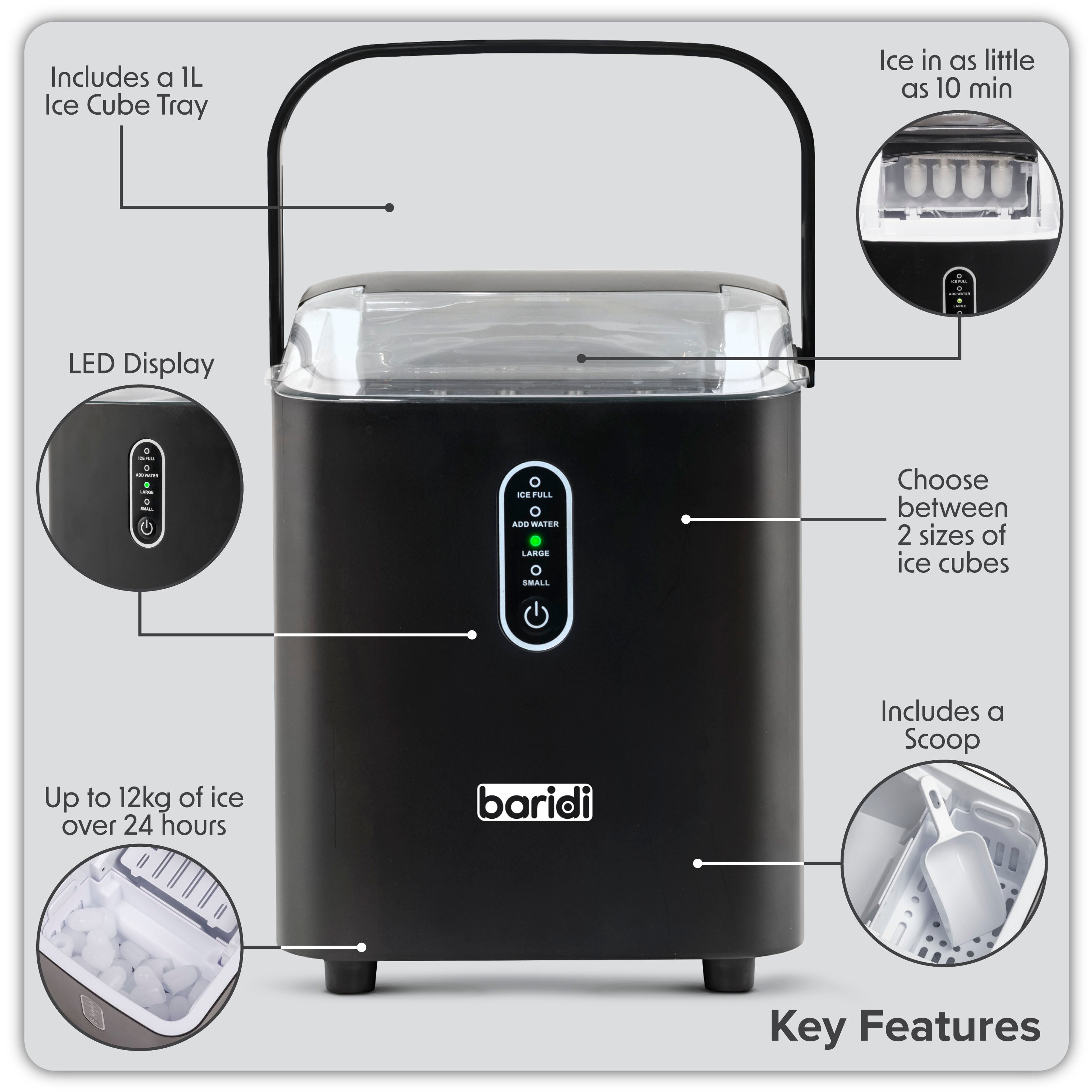 Baridi 12kg/24hr Electric Ice Cube Maker with LED Display - Fast 10 Minute Freeze for Home, Office, and Commercial Use - Perfect for Cocktails, Parties, and Beverage Cooling