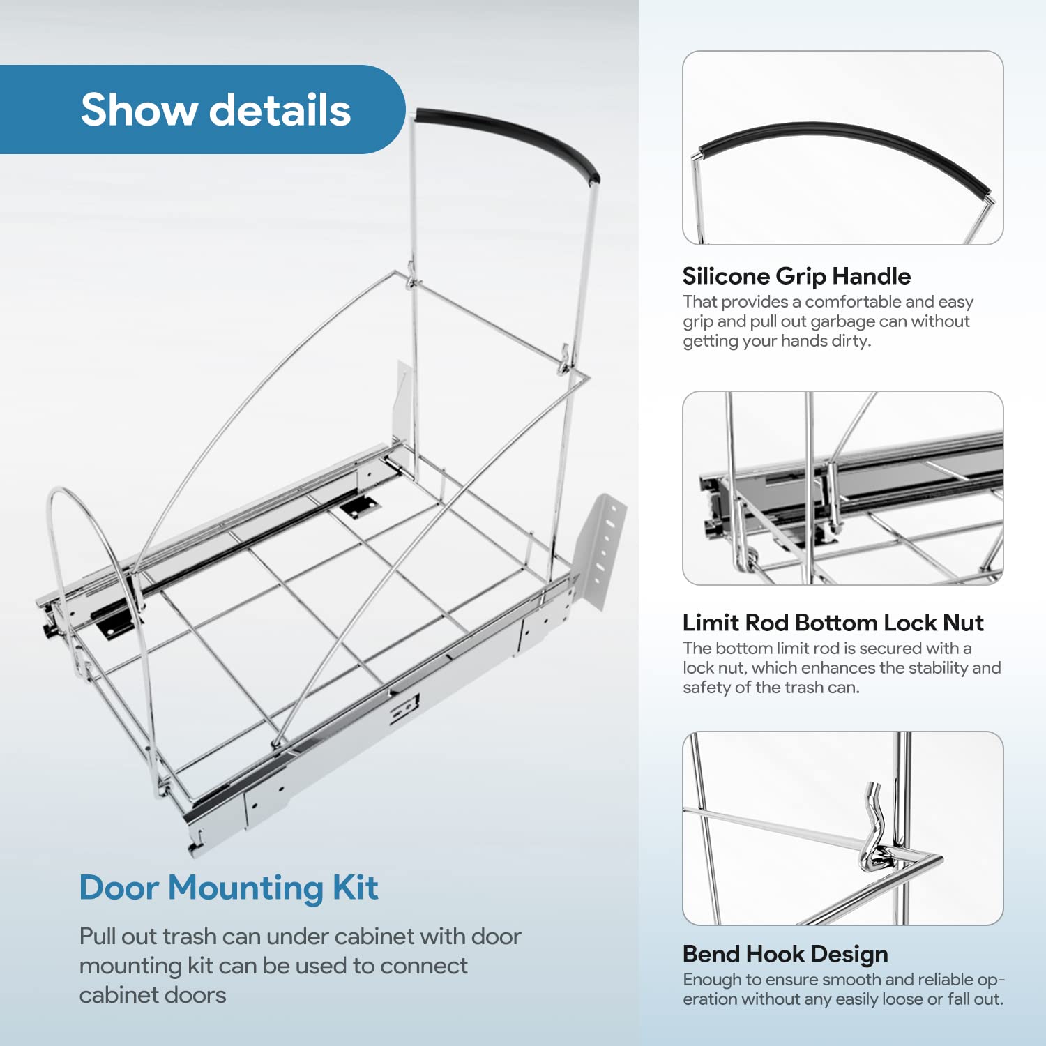 Under Cabinet Pull Out Trash Can Kit with Heavy Duty Ball-Bearing Slider - Chrome Silver | Space-Saving Waste Bin Solution for Kitchen, Bathroom & Office Organization