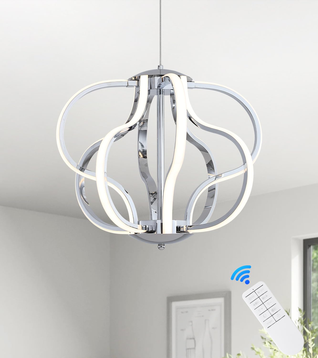 Modern Chrome LED Chandelier with Remote Control - Dimmable 8-Light Hanging Pendant Fixture with 3 Color Temperatures (3000K/4000K/6000K) - Perfect for Dining Room, Foyer, Entryway, Kitchen & Living Room Lighting Decor