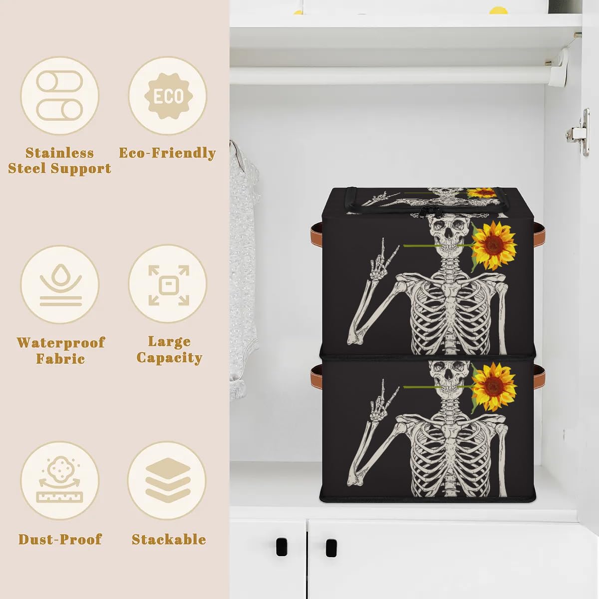 Skull Sunflower Storage Bins with Zipper Lid - 2 Pack Stackable Closet Organizer Baskets with Metal Frame & PU Handles - Perfect for Clothes, Toys, and Home Organization in Bedroom, Closet, or Nursery