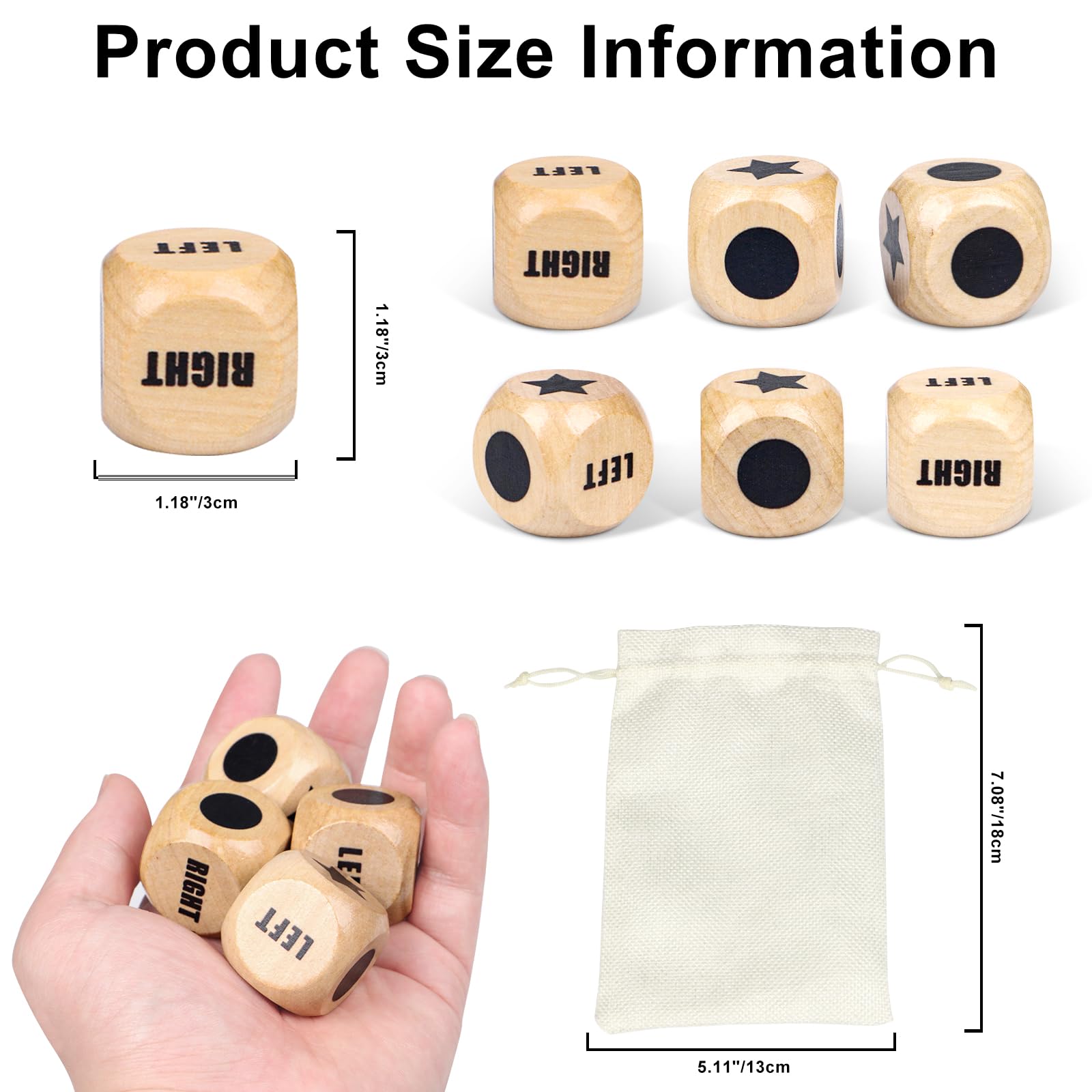 6Pcs Left Right Center Dice Game Set - 1.2 Inch Wooden LCR Dice with Carry Bag for Family Game Night, Camping, Travel & Parties (Indoor/Outdoor Use)