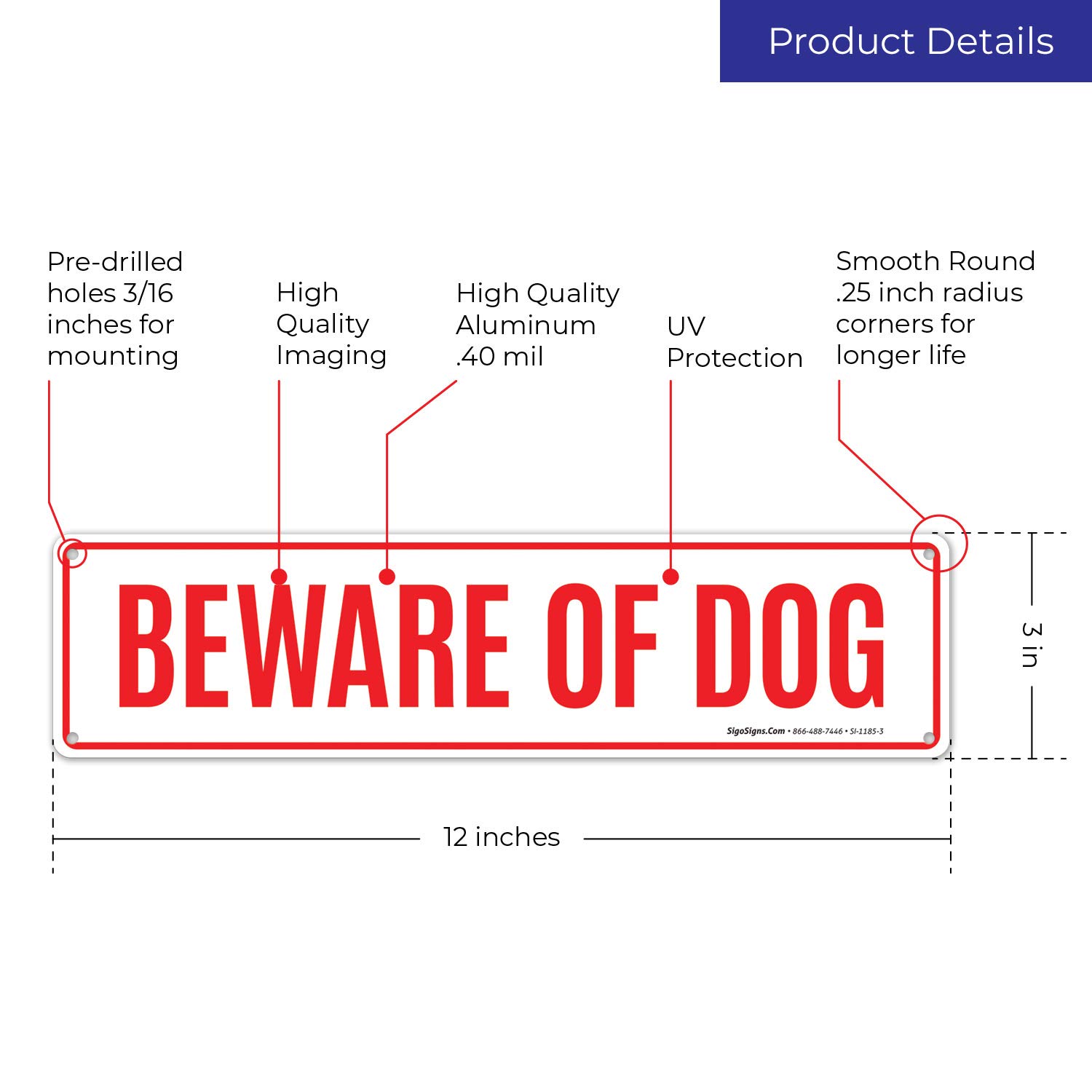 Beware of Dog Sign - 3x12 Inches Rust-Free Aluminum Warning Sign with Red Text - Durable .040 Gauge for Indoor & Outdoor Use - Made in USA - Perfect for Home Security, Yard Protection & Pet Safety
