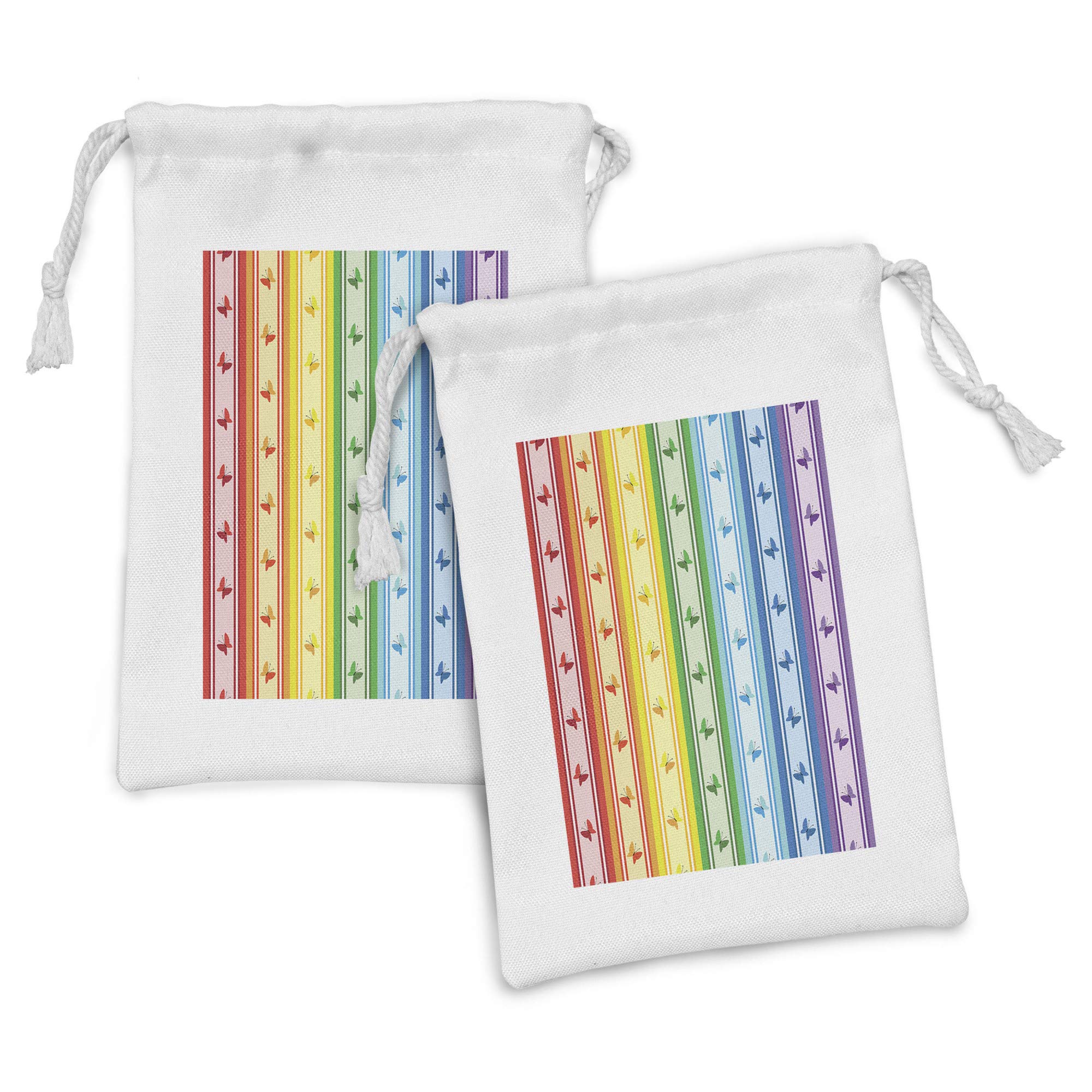 Ambesonne Geometric Fabric Pouch Set of 2 - Striped Rainbow Butterfly Pastel Print Drawstring Bags (9