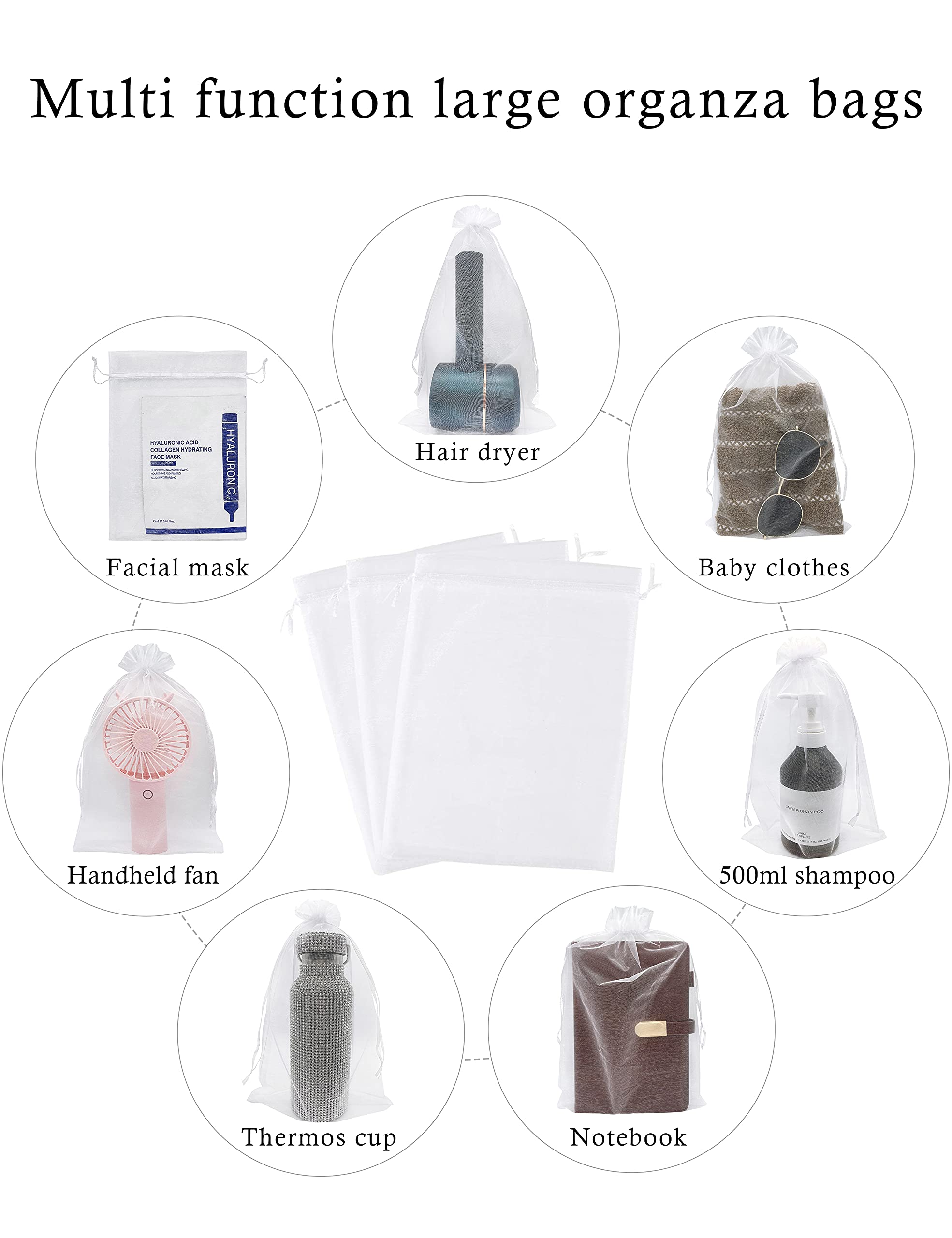 50 Pack White Organza Bags 8x12 Inch - Large Mesh Drawstring Gift Bags for Jewelry, Christmas, Wedding Favors & Party Decorations - Perfect for Wedding Party Favors, Bridal Shower Gifts, Christmas Stocking Stuffers and Jewelry Packaging (White)