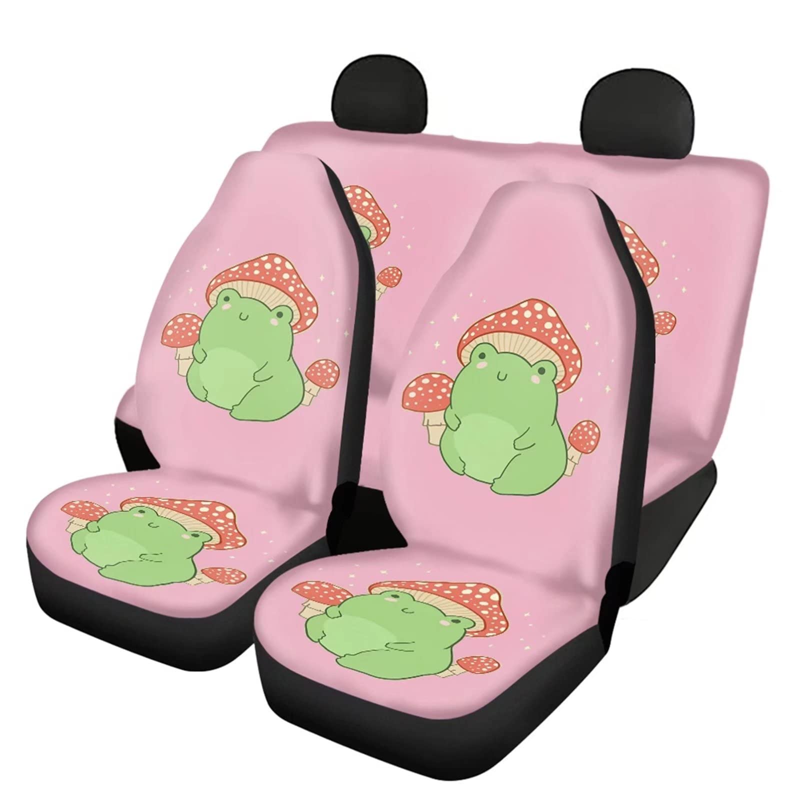ZPINXIGN Cute Mushroom Frog Pink Car Seat Covers - Full Set of 4 for Front & Rear Seats | Kawaii Car Accessories for Women | Universal Fit for Trucks, SUVs & Sedans | Perfect for Anime Lovers & Kawaii Style Enthusiasts