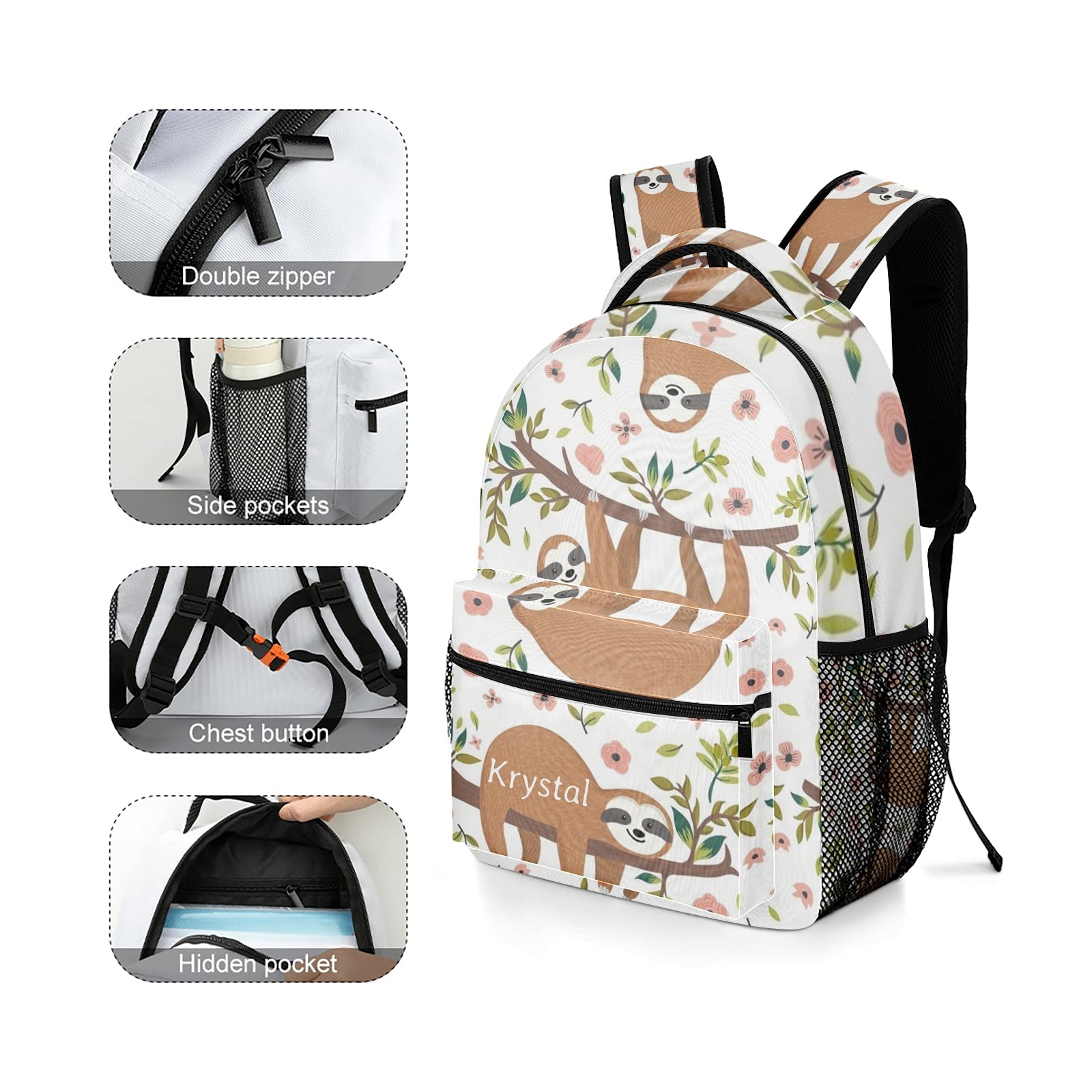 Personalized Name Sloth Tree Floral Backpack - Waterproof Travel Bag for Men & Women | Perfect for Hiking, Camping & Daily Commute