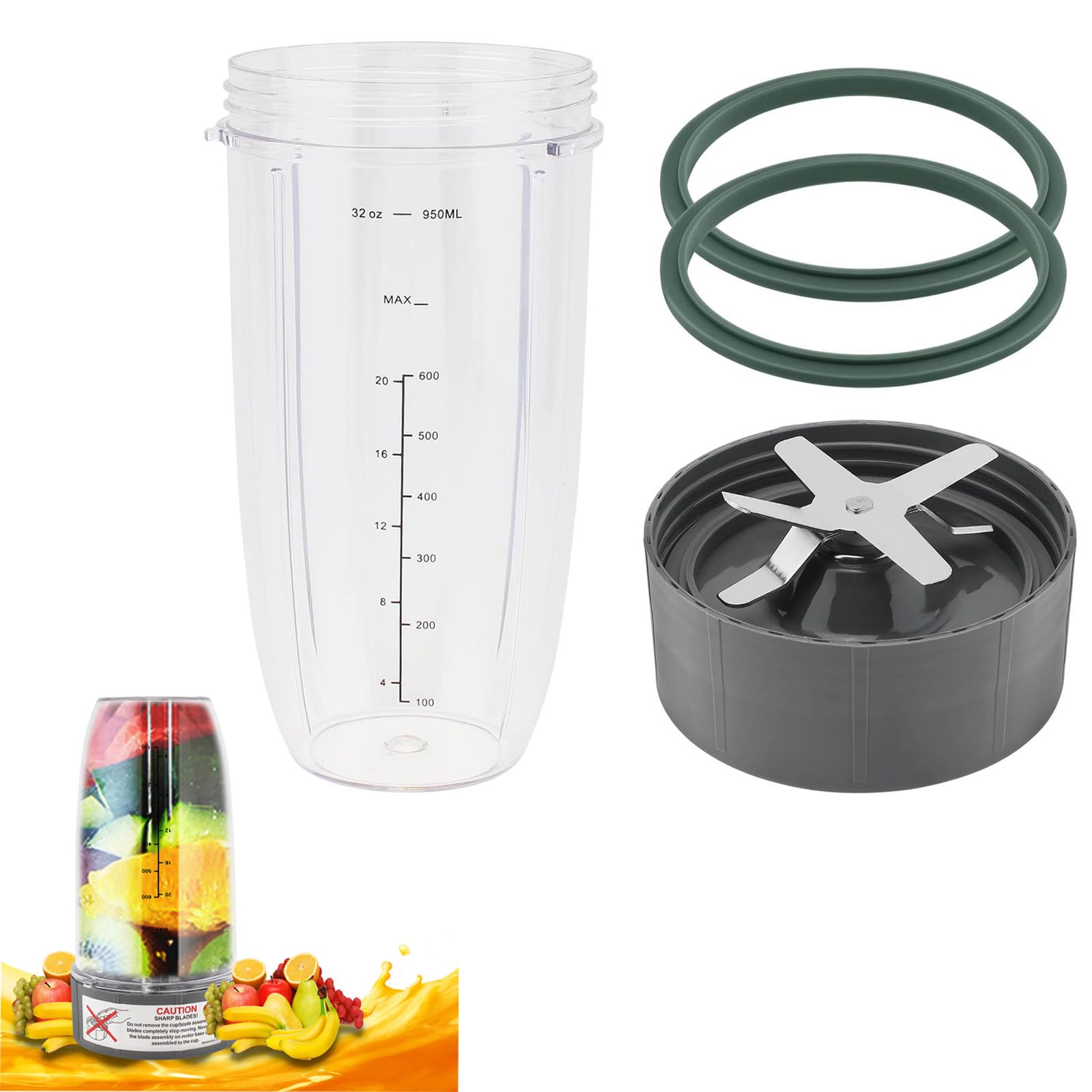NutriBullet Blender Replacement Parts - 32oz Juicer Cup & Extractor Blade with 2 Rubber Gaskets, Compatible with 600W/900W High-Speed Blender System | Perfect for Smoothies, Protein Shakes & Meal Prep