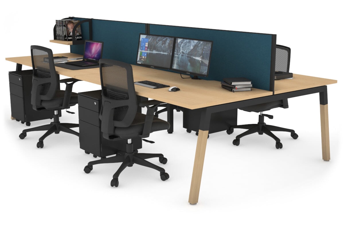 Quadro A Legs 4-Person Office Workstation with Wood Legs & Cross Beam - 1400L x 800W Dimensions, Cable Management Scallop | Perfect for Collaborative Workspaces & Modern Offices