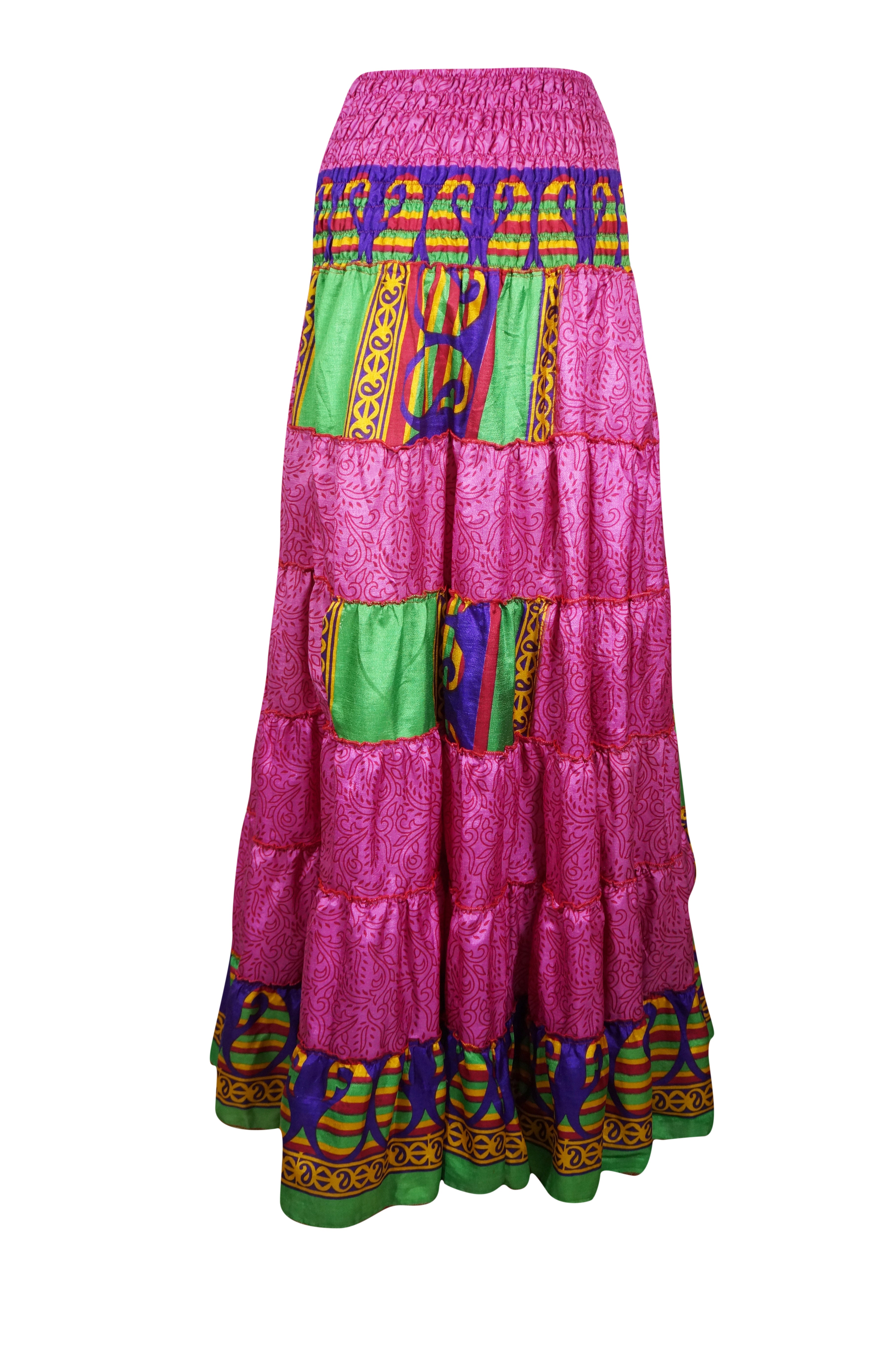 Women's Barbie Pink Floral Beach Maxi Skirt - Patchwork Boho Skirt for Summer Vacations, Music Festivals & Beach Parties (S/M)