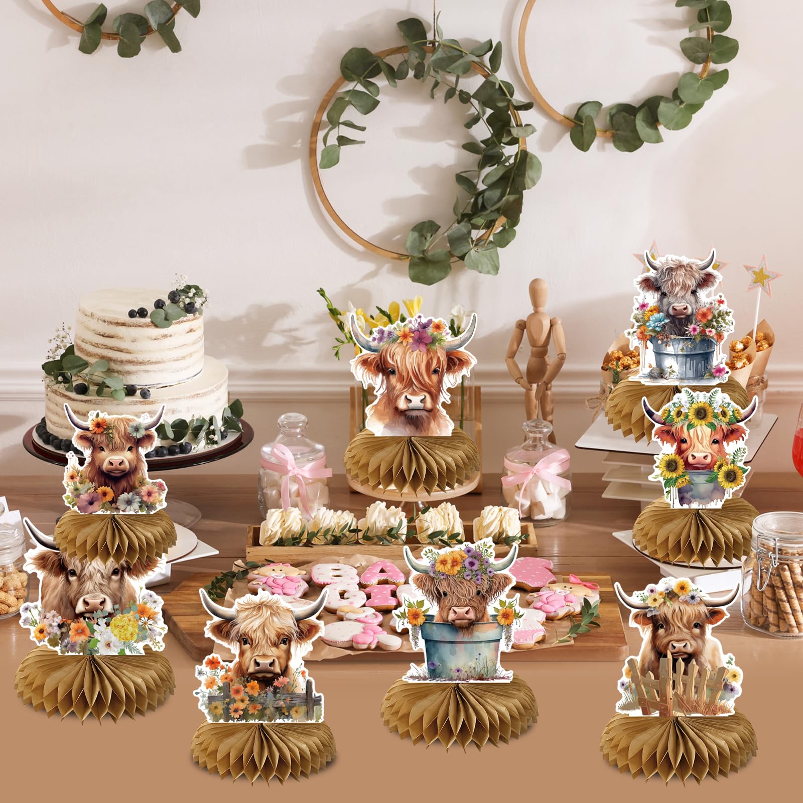 Highland Cow Party Decorations Set - Chic Brown Farm Animal Birthday & Baby Shower Table Centerpiece with Honeycomb Flowers | Perfect for Farm-Themed Parties, Rustic Weddings, and Nursery Decor