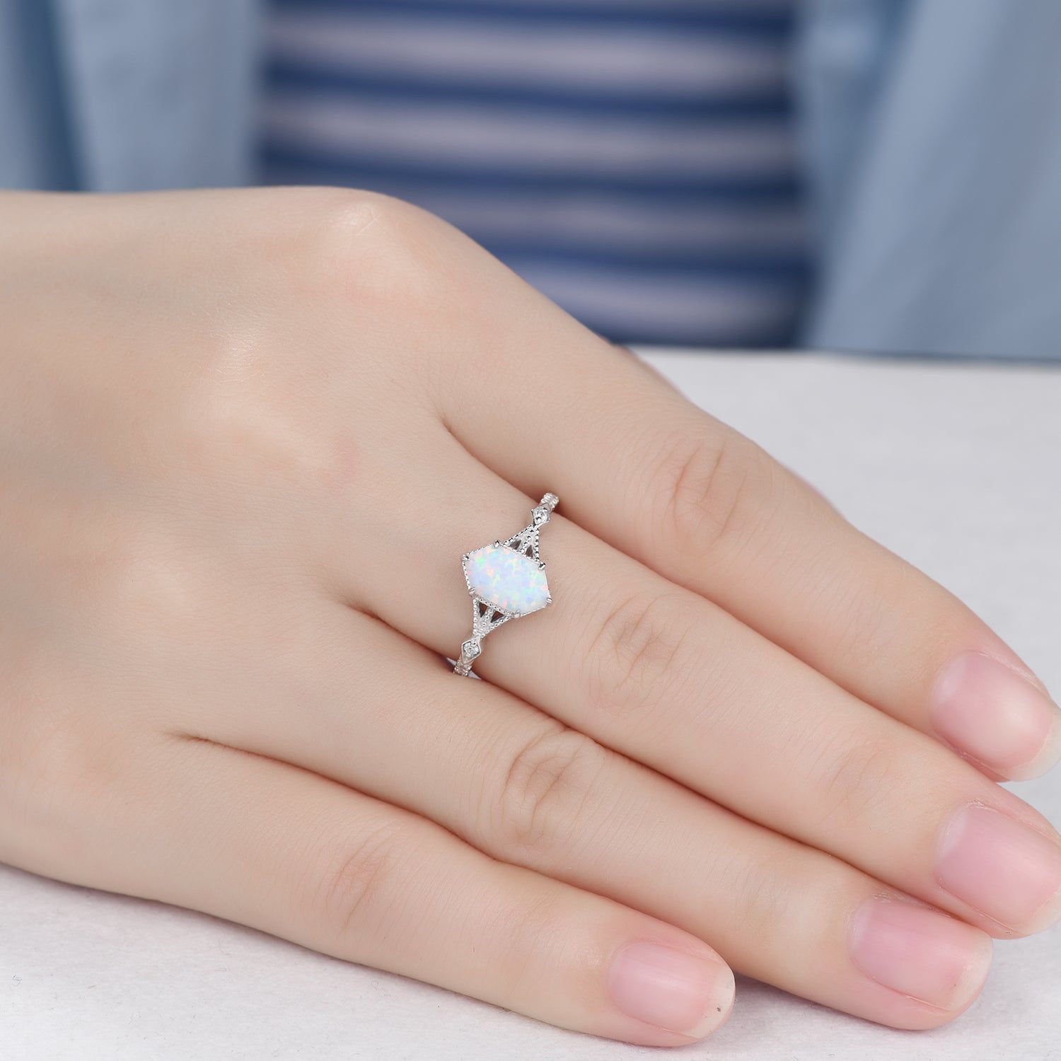 Vintage Art Deco Hexagon Cut White Opal and Diamond Engagement Ring for Women - Elegant Wedding Band, Anniversary Gift, Unique Promise Ring for Brides